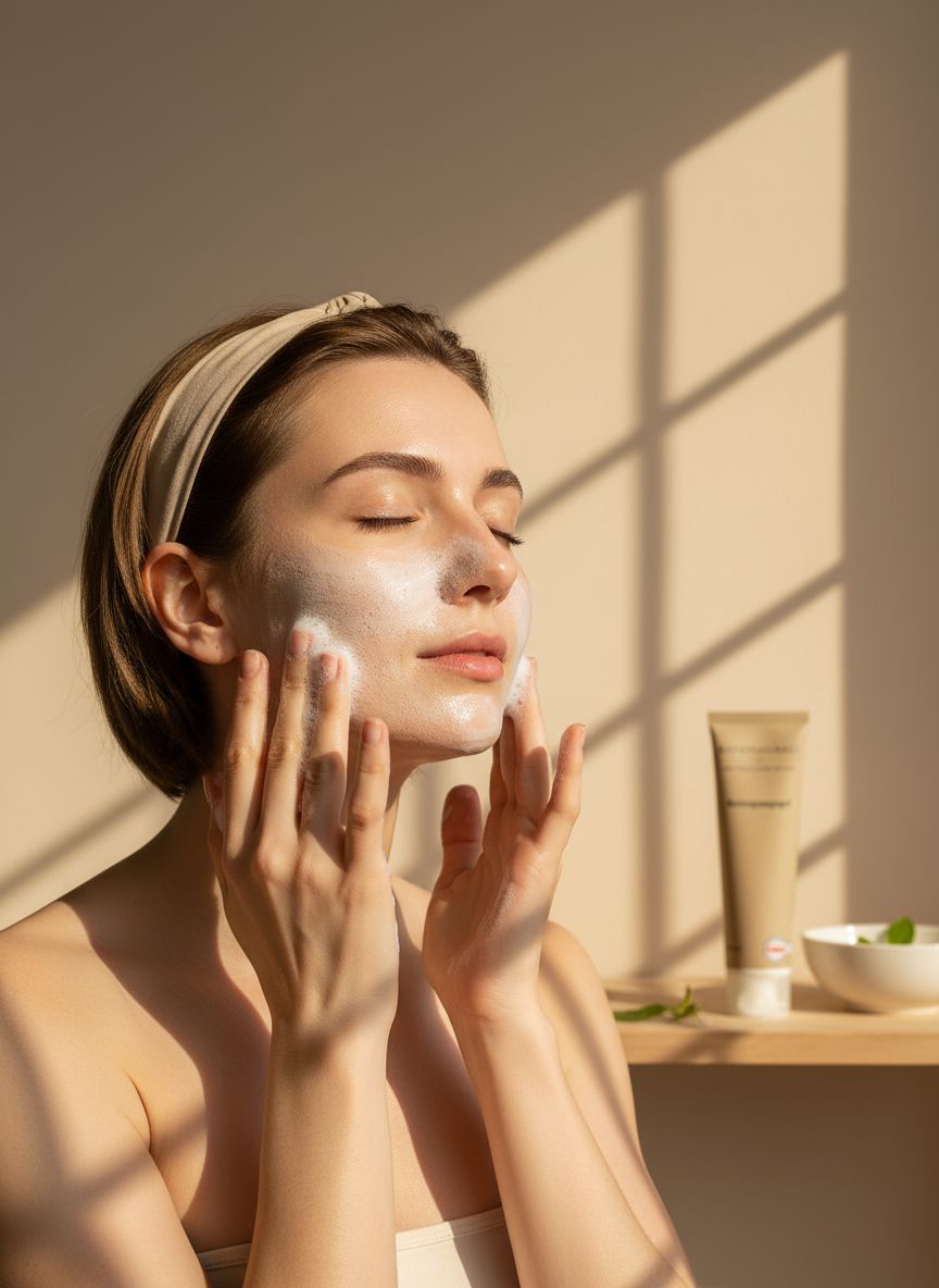 Frau wäscht Gesicht mit Schaum. Im Hintergrund: Tube mit Aufschrift KatriNaturals, Reinigungsgel. Schale mit Kräutern.