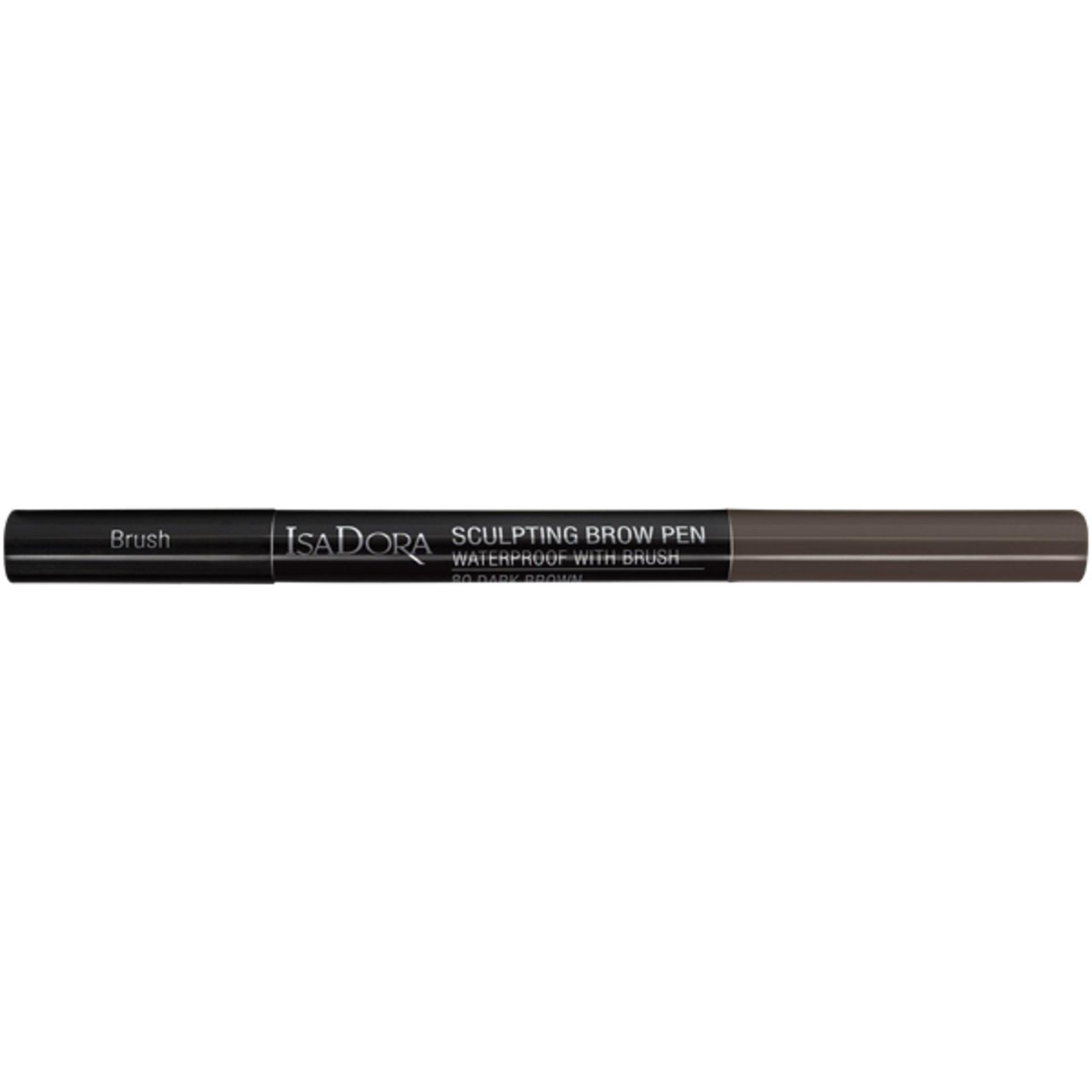 IsaDora Sculpting Brow Pen. Dunkelbrauner Stift mit Bürste. Schwarzer Stift mit Schriftzug. Aufschrift: Waterproof with Brush.