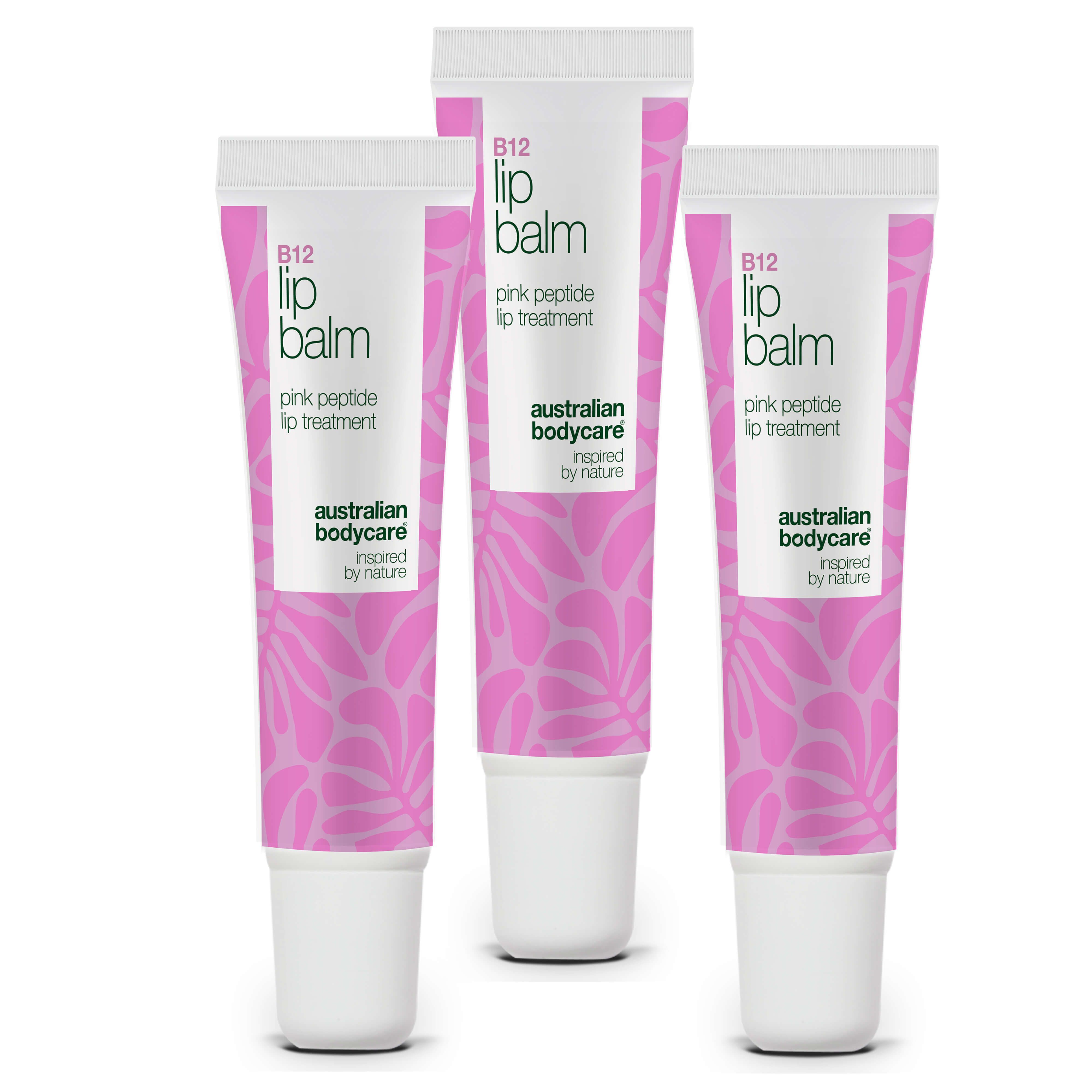 Drei Tuben Lippenbalsam. Weiß-rosa Verpackung mit floralem Muster. Text: B12 Lip Balm, pink peptide lip treatment.