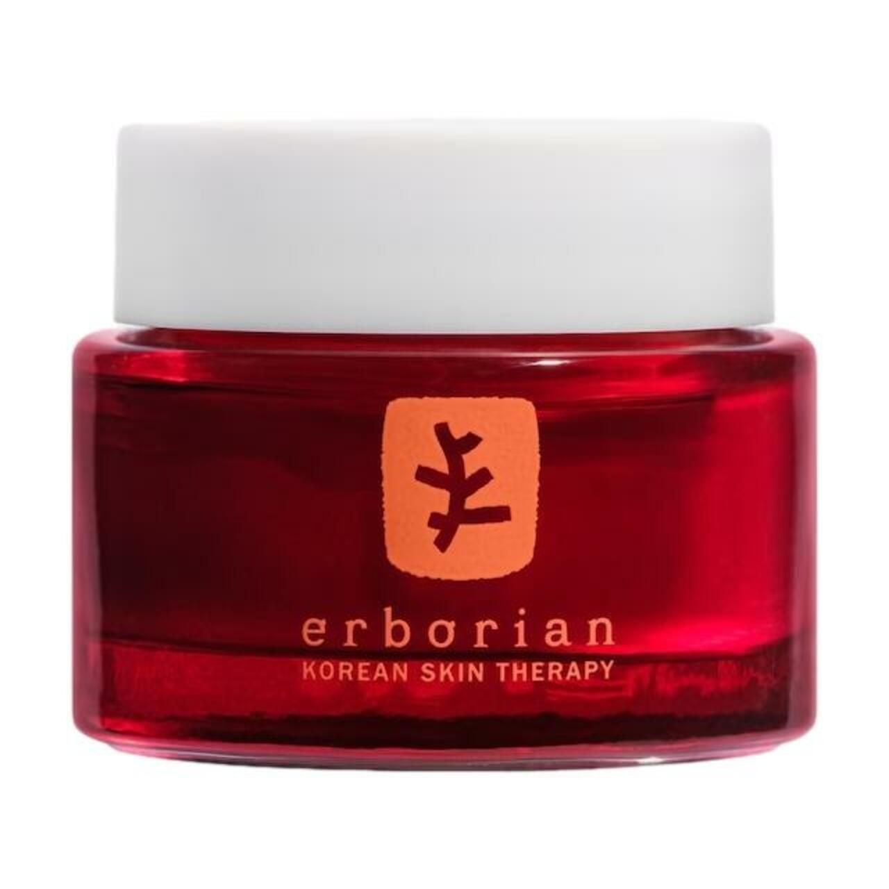 Rotes Glas mit weißem Deckel. Auf dem Glas befindet sich ein orangefarbenes Quadrat mit einem stilisierten Baum. Darunter steht "erborian KOREAN SKIN THERAPY".