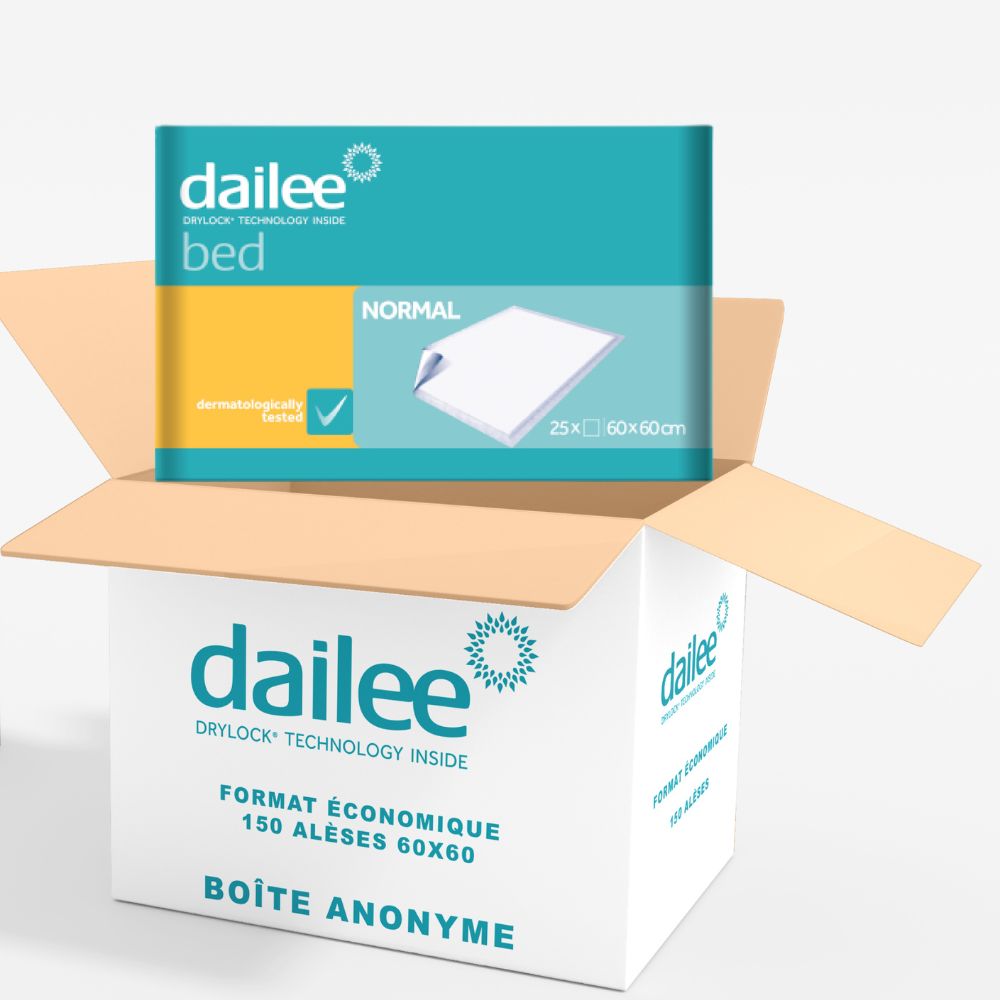 Boîte ouverte de protections de lit Dailee Bed. 150 unités, 60x60cm. Emballage anonyme. Bleu, jaune et blanc.