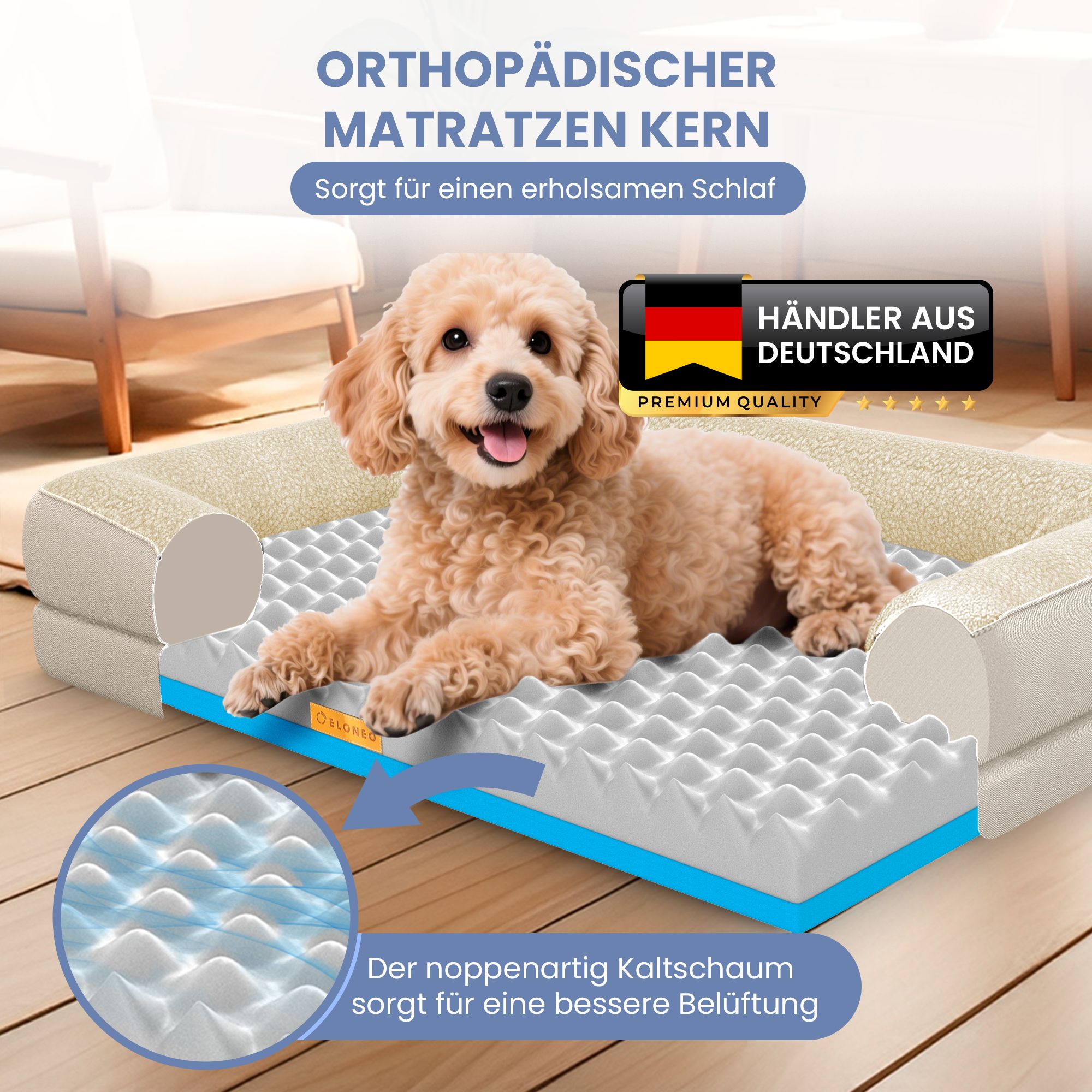Orthopädisches Hundebett mit Hund. Creme-farbenes Bett mit Noppen-Kaltschaum. Text: "Händler aus Deutschland".