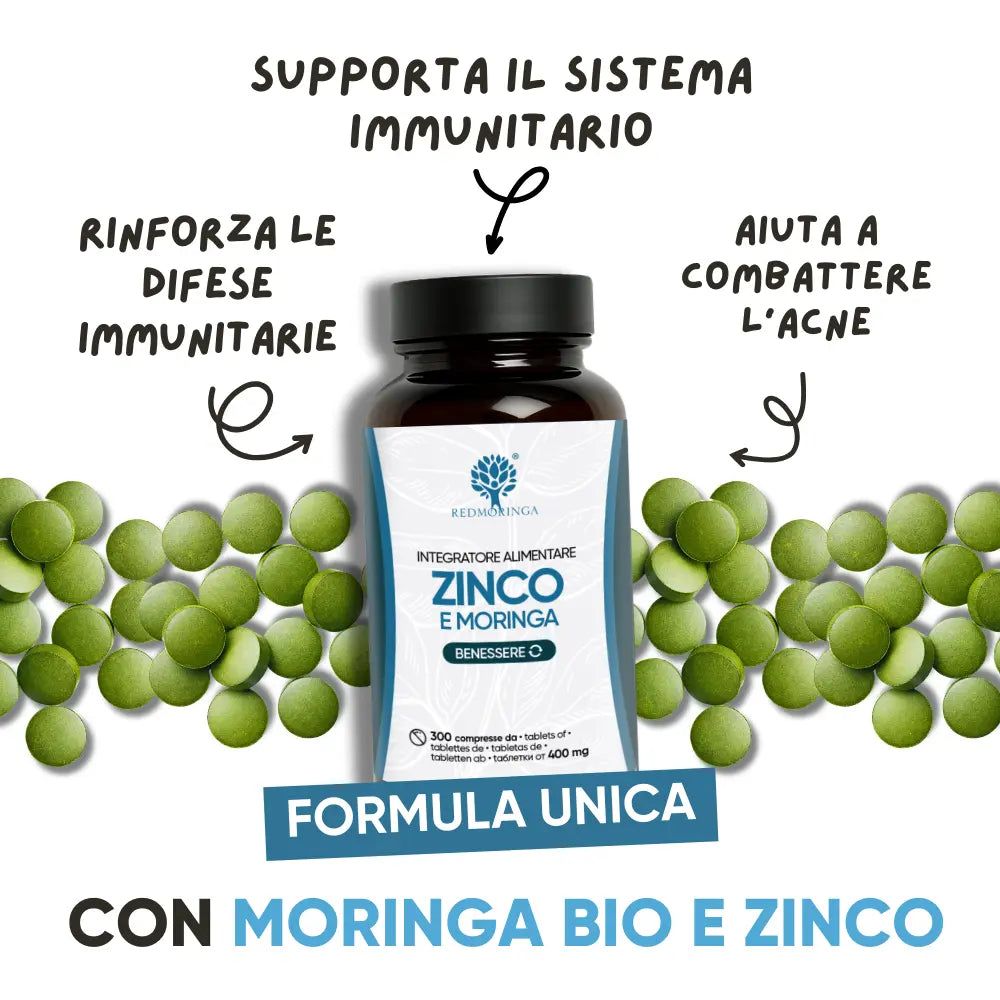 Flasche mit Zink- und Moringa-Nahrungsergänzungsmitteln, umgeben von grünen Pillen.