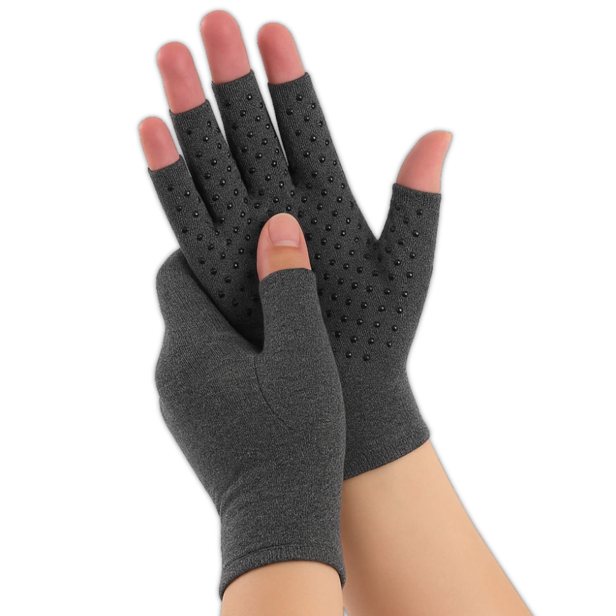 Nahaufnahme von fingerlosen Kompressionshandschuhen mit Noppen.