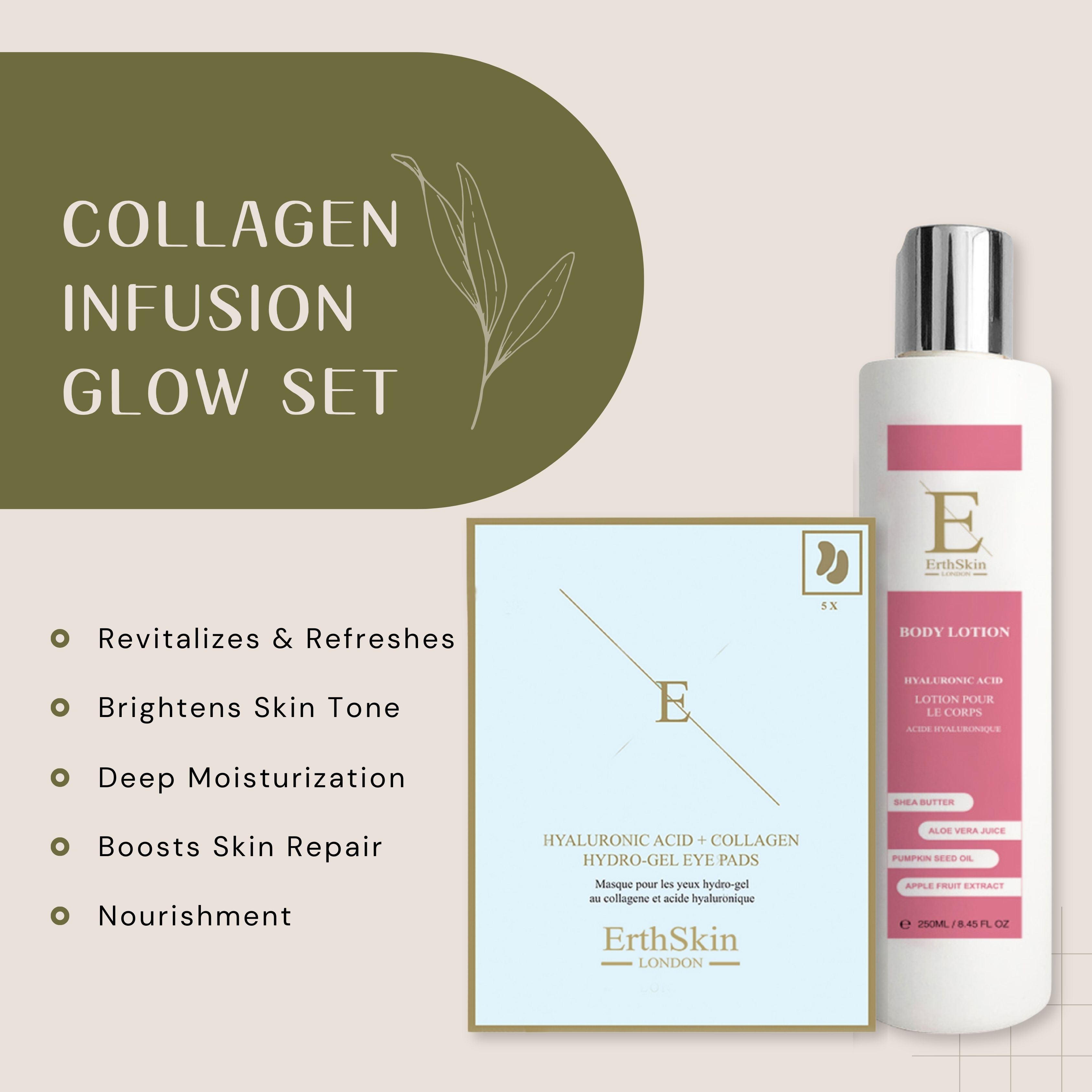 Körperlotion und Augenpads. Weiße Flasche mit rosa Akzenten. Augenpad-Packung mit Text. ErthSkin London Logo sichtbar. Text: Collagen Infusion Glow Set.