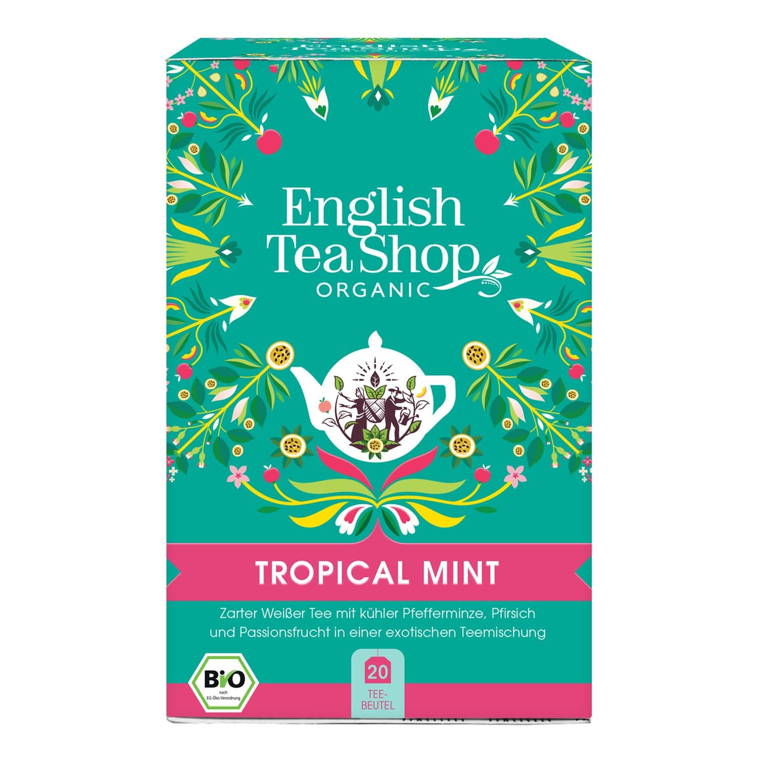 Grüne Teebox mit weißem Logo "English Tea Shop Organic" und Aufschrift "Tropical Mint". Bio-Siegel. 20 Teebeutel.