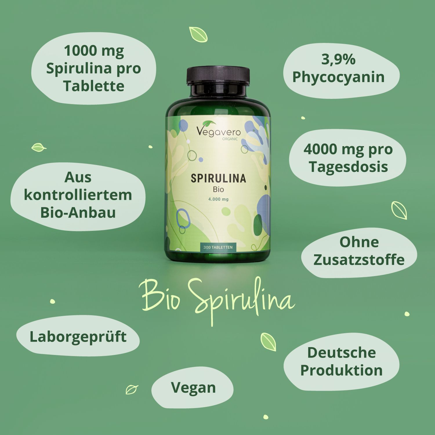 Spirulina BIO-Flasche mit Text: 1000 mg Spirulina pro Tablette, 3,9% Phycocyanin, 4000 mg pro Tagesdosis. Ohne Zusatzstoffe. Vegan.