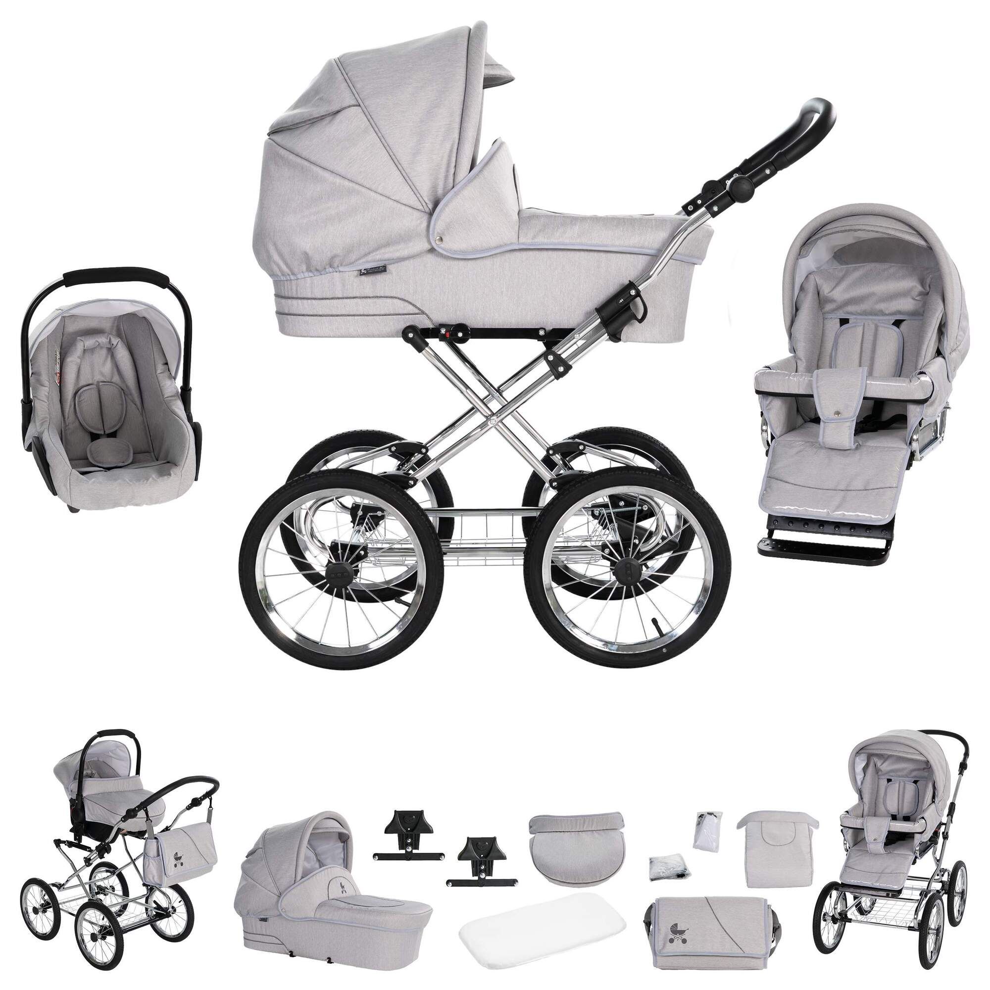Kinderwagen-Set, silbergrau, Chromgestell, 4 Räder, Babywanne, Sportsitz, Babyschale, Zubehör.