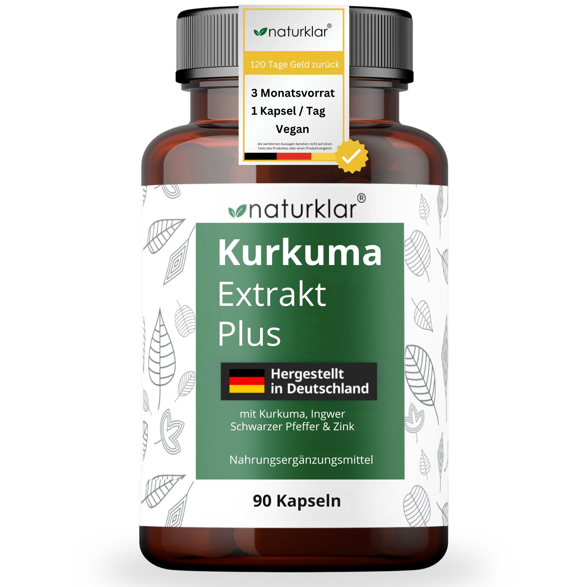 Braune Glasflasche mit weißen Etikett. Aufschrift: Naturklar Kurkuma Extrakt Plus. 90 Kapseln. Hergestellt in Deutschland. Vegan.