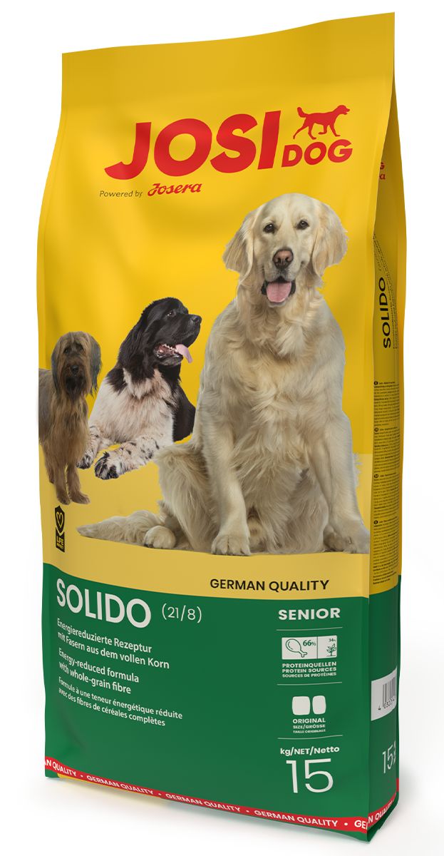 Gelber Beutel mit JosiDog-Logo und Hundeabbildungen. Text: SOLIDO, Senior, 15 kg. Enthält Proteinquellen.
