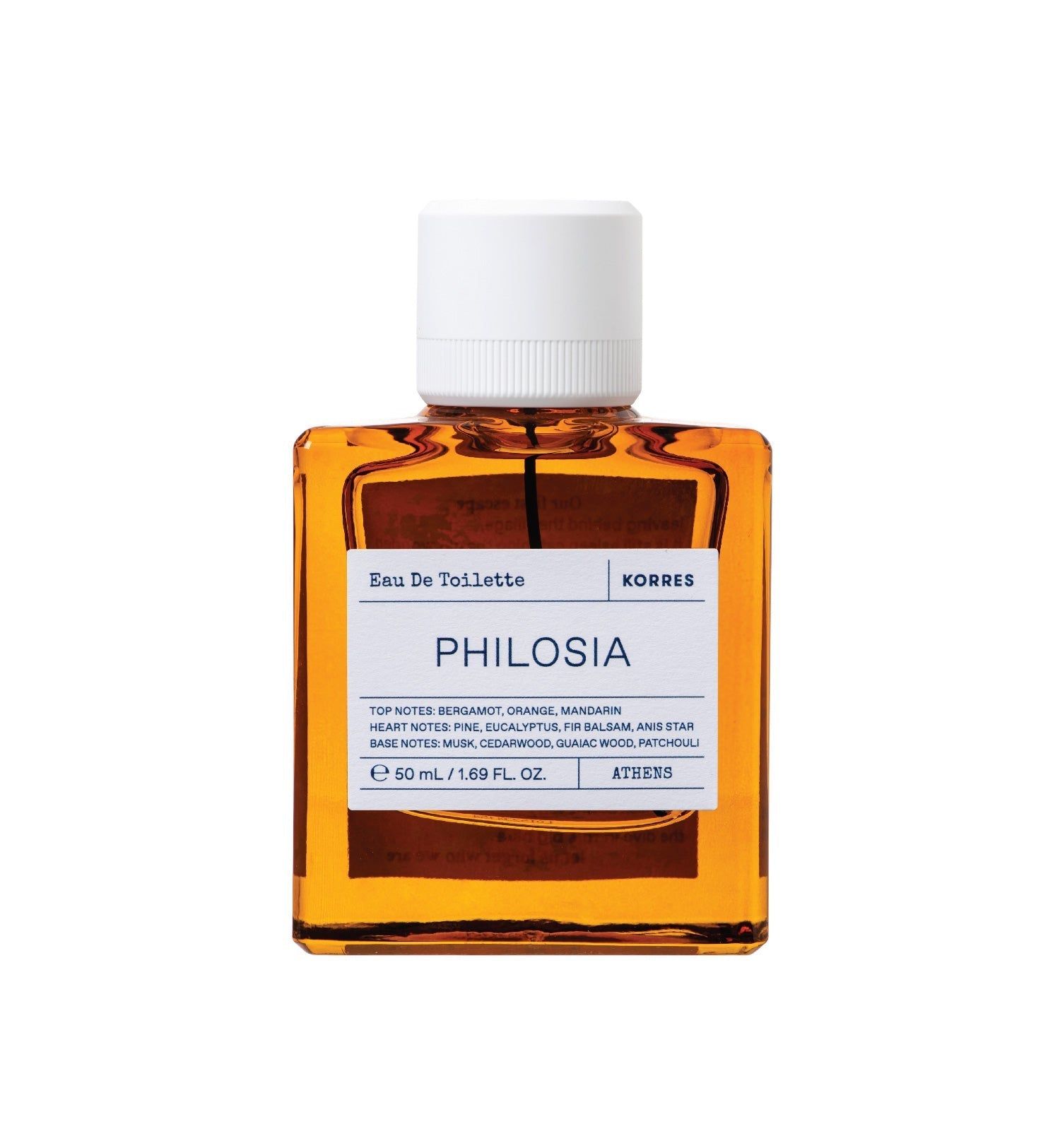 Flakon von Eau de Toilette. Aufschrift: Philosia, KORRES. Inhaltsstoffe und Volumenangabe.