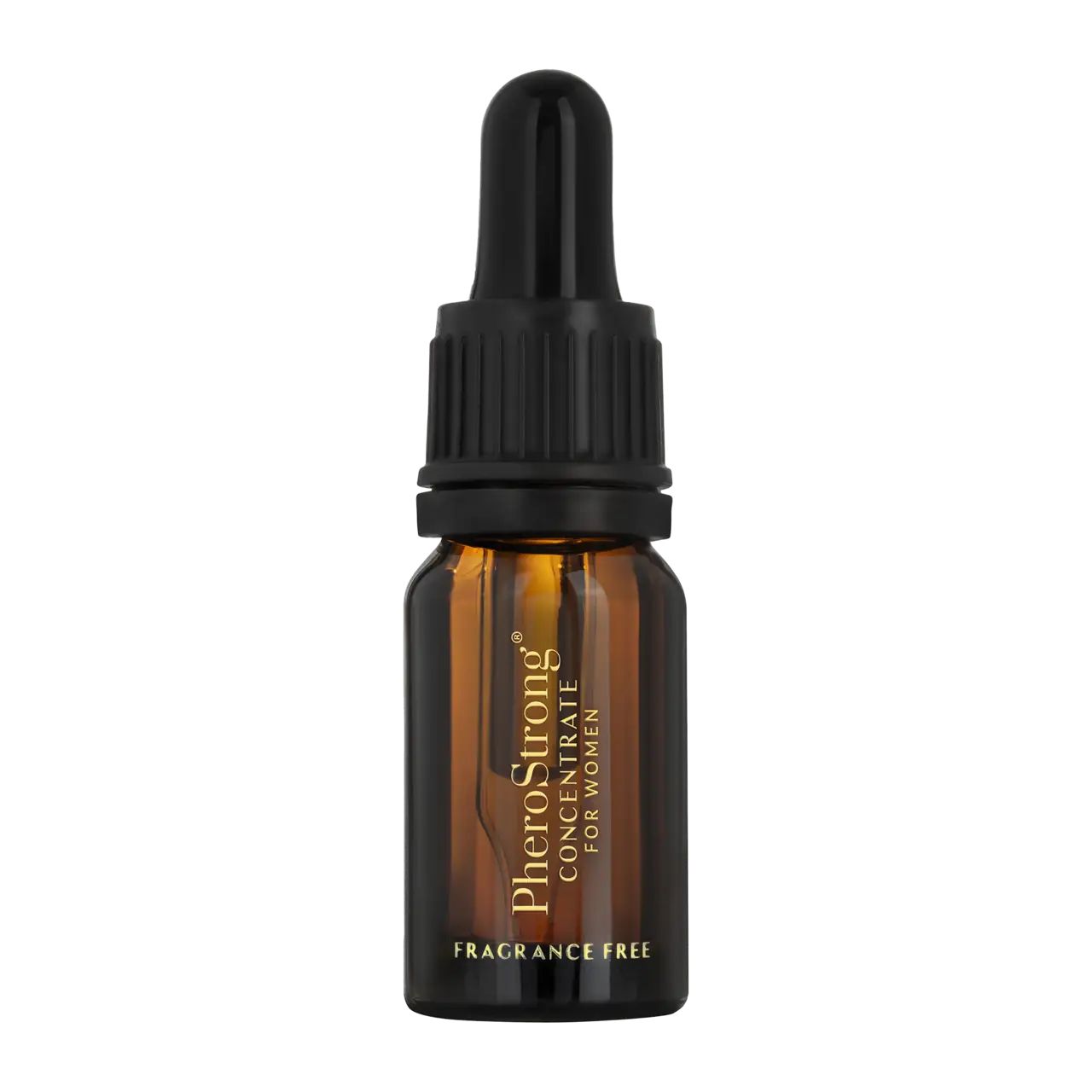 Braune Glasflasche mit schwarzem Tropfer. Aufschrift: PheroStrong Concentrate for Women, Fragrance Free.
