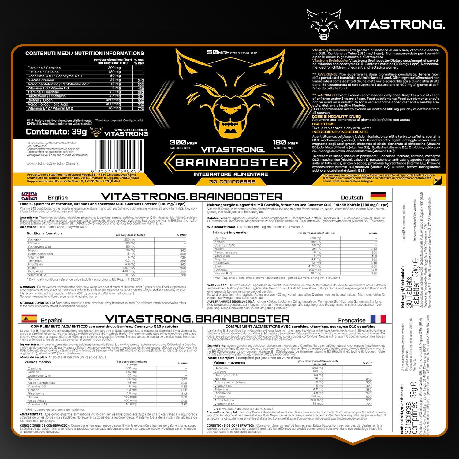 Rückseite der Verpackung von Vitastrong Brainbooster. Mehrsprachige Informationen zu Inhaltsstoffen und Nährwerten.