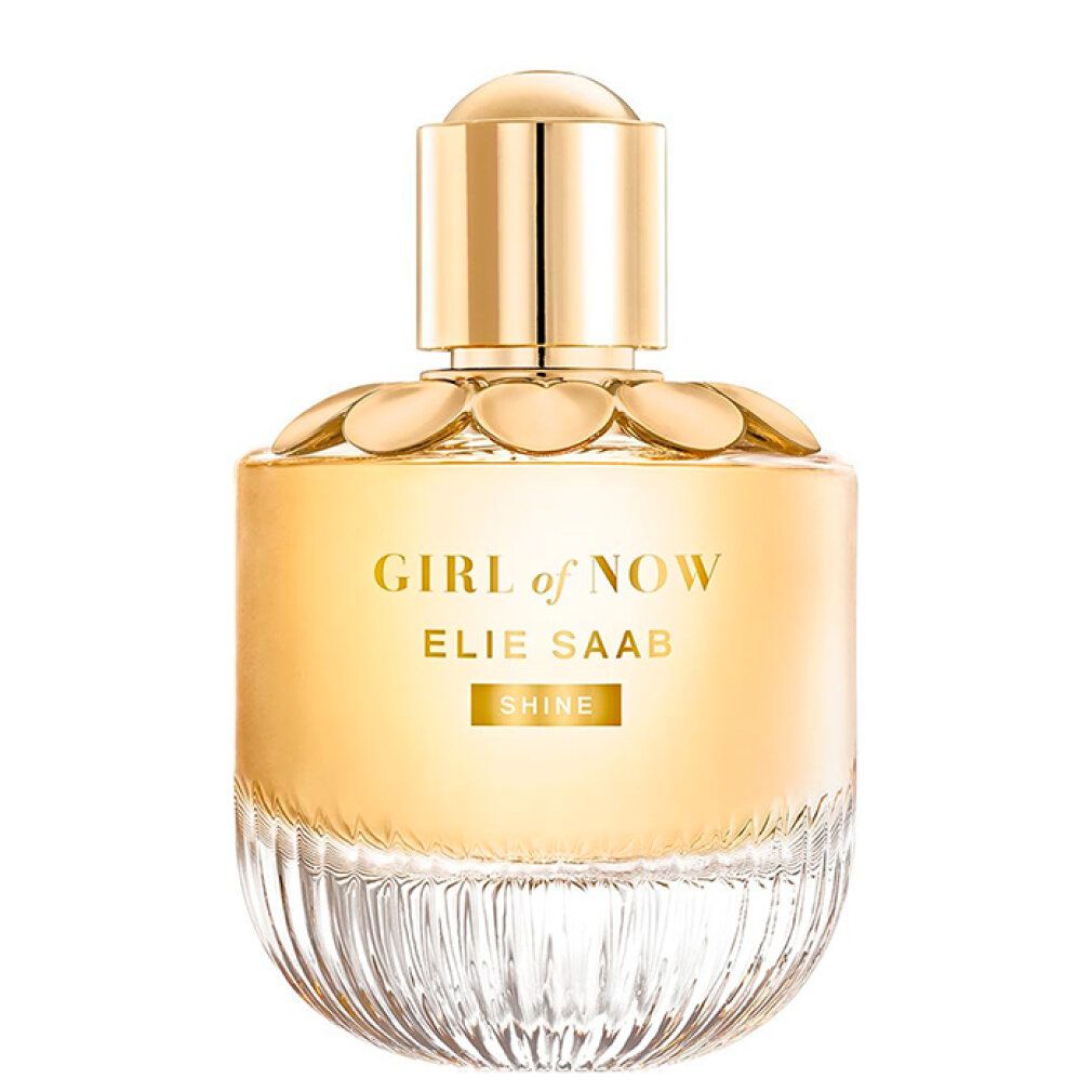 Elie Saab Girl of Now Shine Eau de Parfum Flakon mit goldenem Verschluss und geripptem Glasboden.