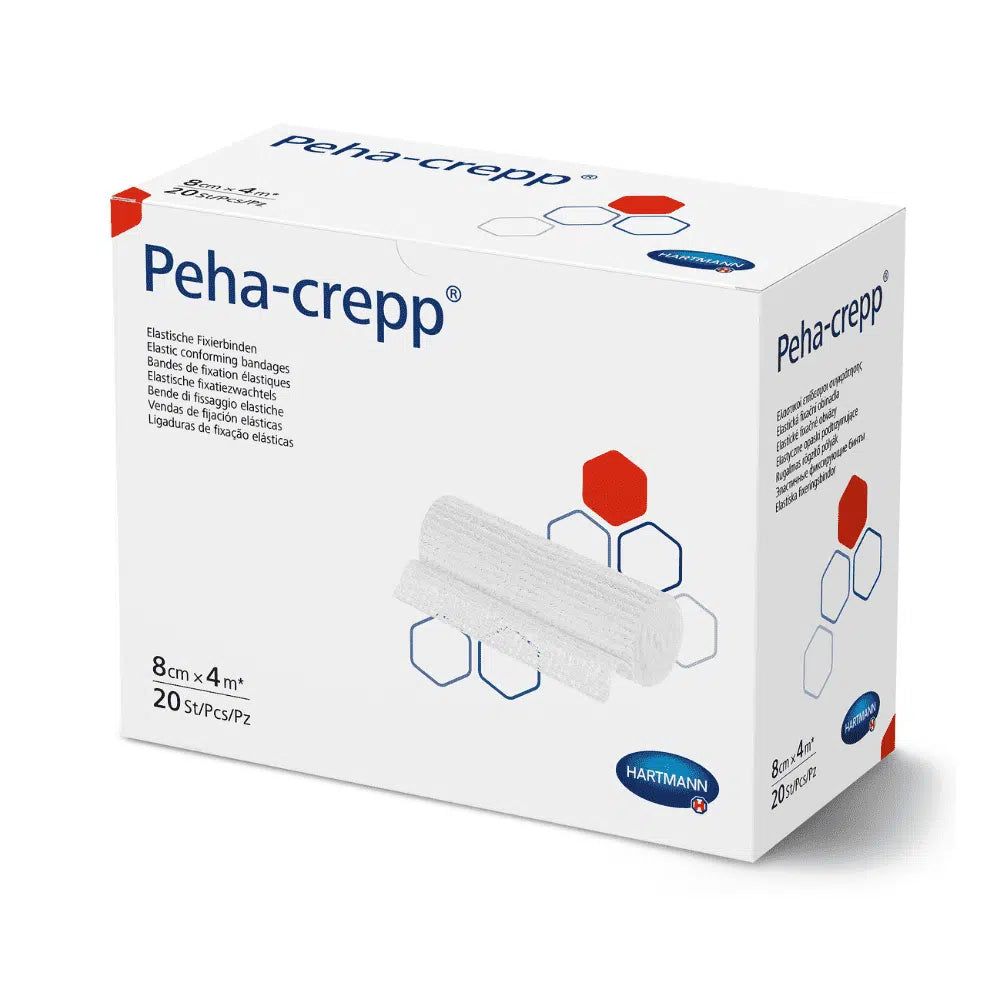 Weiße Verpackung mit Peha-crepp und Hartmann-Logo. Enthält 20 elastische Binden, 8cm x 4m. Produktabbildung.