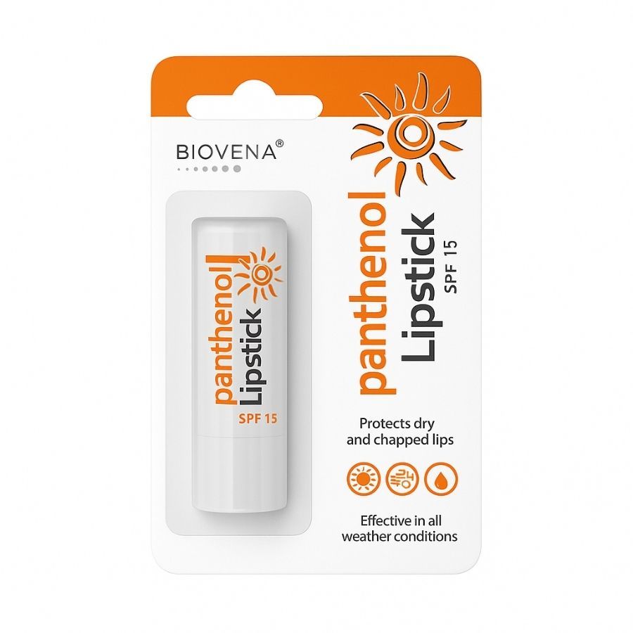 Lippenbalsam in Blisterverpackung. Weißer Stift mit Aufschrift „panthenol Lipstick SPF 15“. Orangefarbene Verpackung mit Logo.