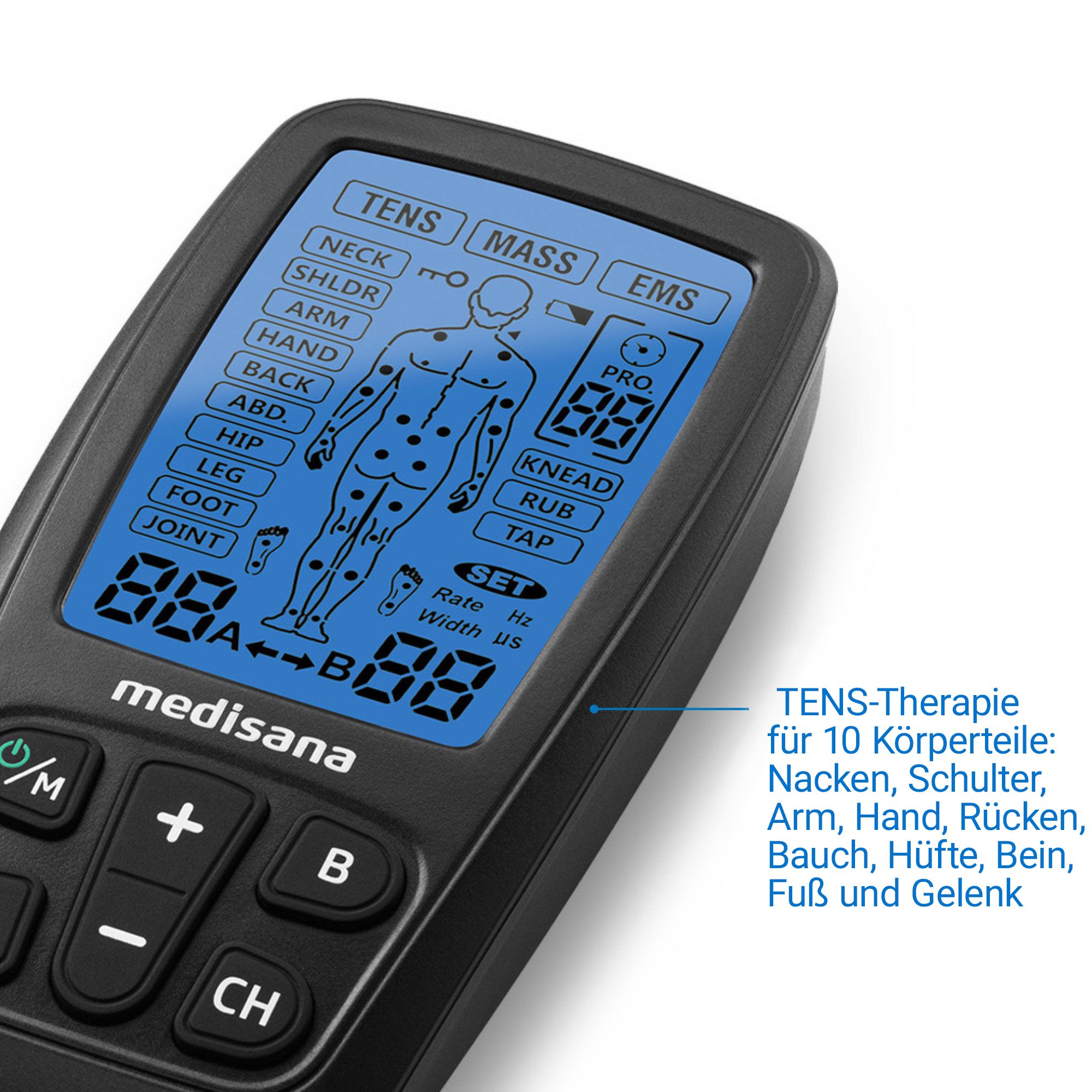 Nahaufnahme des Medisana TT 205 Displays mit Körperkarte und TENS/MASS/EMS Modi.