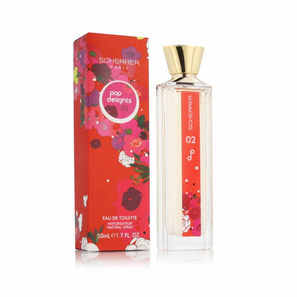 Parfümflakon neben roter Schachtel mit floralem Design. Flakon mit goldfarbenem Verschluss und rotem Etikett.