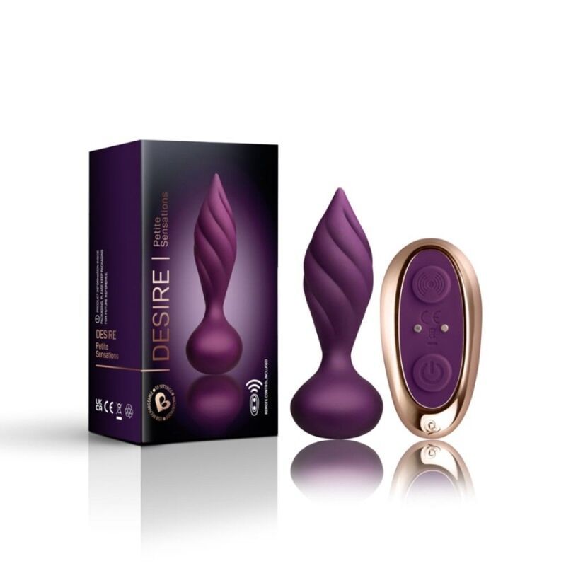Lila Vibrations-Butt Plug mit Struktur, Fernbedienung und Verpackung. Verpackung mit Produktname und Marke.