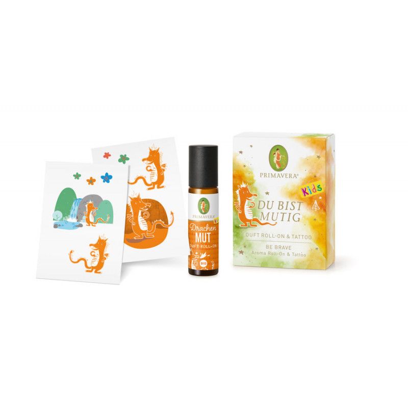 Geschenkset mit Roll-on, Tattoos und Verpackung. Roll-on mit Aufschrift "Drachen Mut". Verpackung mit "Du bist mutig".