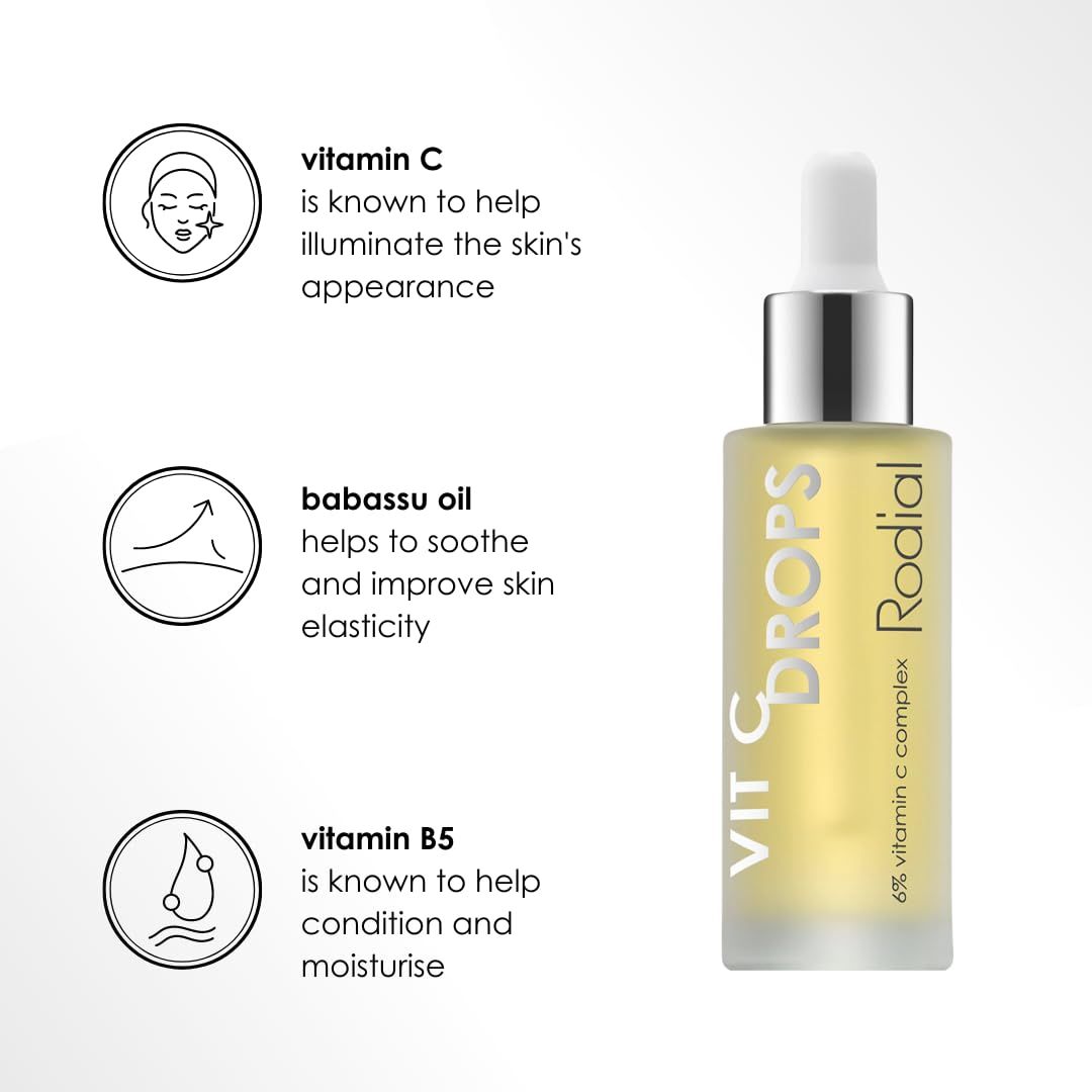 Produktflasche mit Pipette. Text: VIT C DROPS, Rodial. Aufschrift: 6% Vitamin C Complex. Mit Icons.