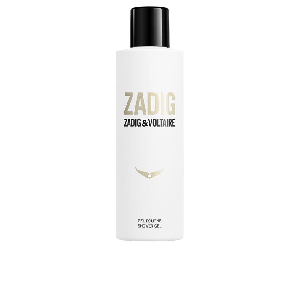 Weißes Duschgel von Zadig & Voltaire. Schwarzer Deckel. Goldener Schriftzug und Logo. "Gel Douche/Shower Gel" steht unten.