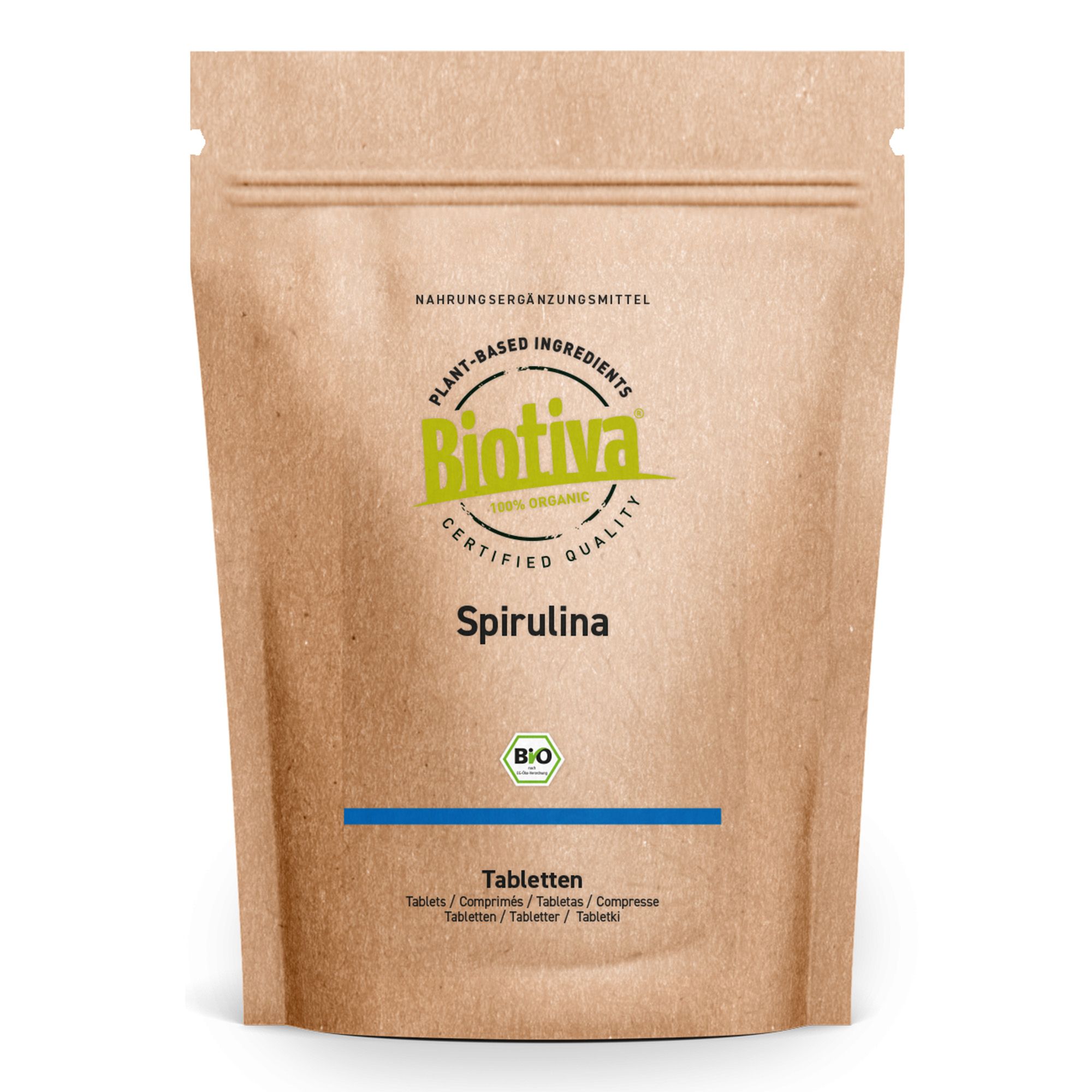 Biotiva Spirulina Tabletten Bio in brauner Papiertüte mit Sichtfenster.