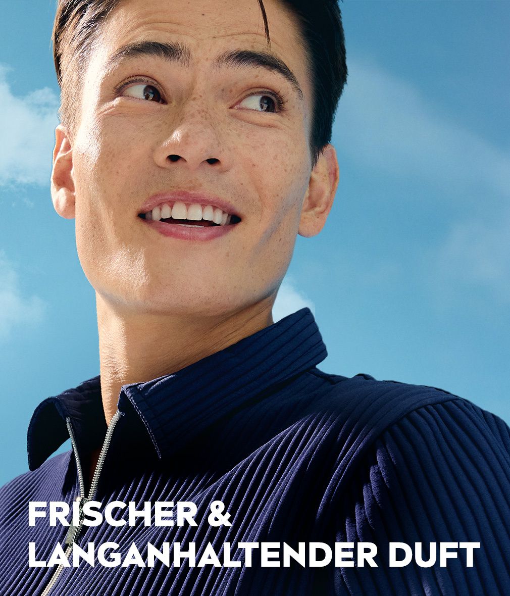 Ein Mann lächelt. Text: Frischer & langanhaltender Duft.