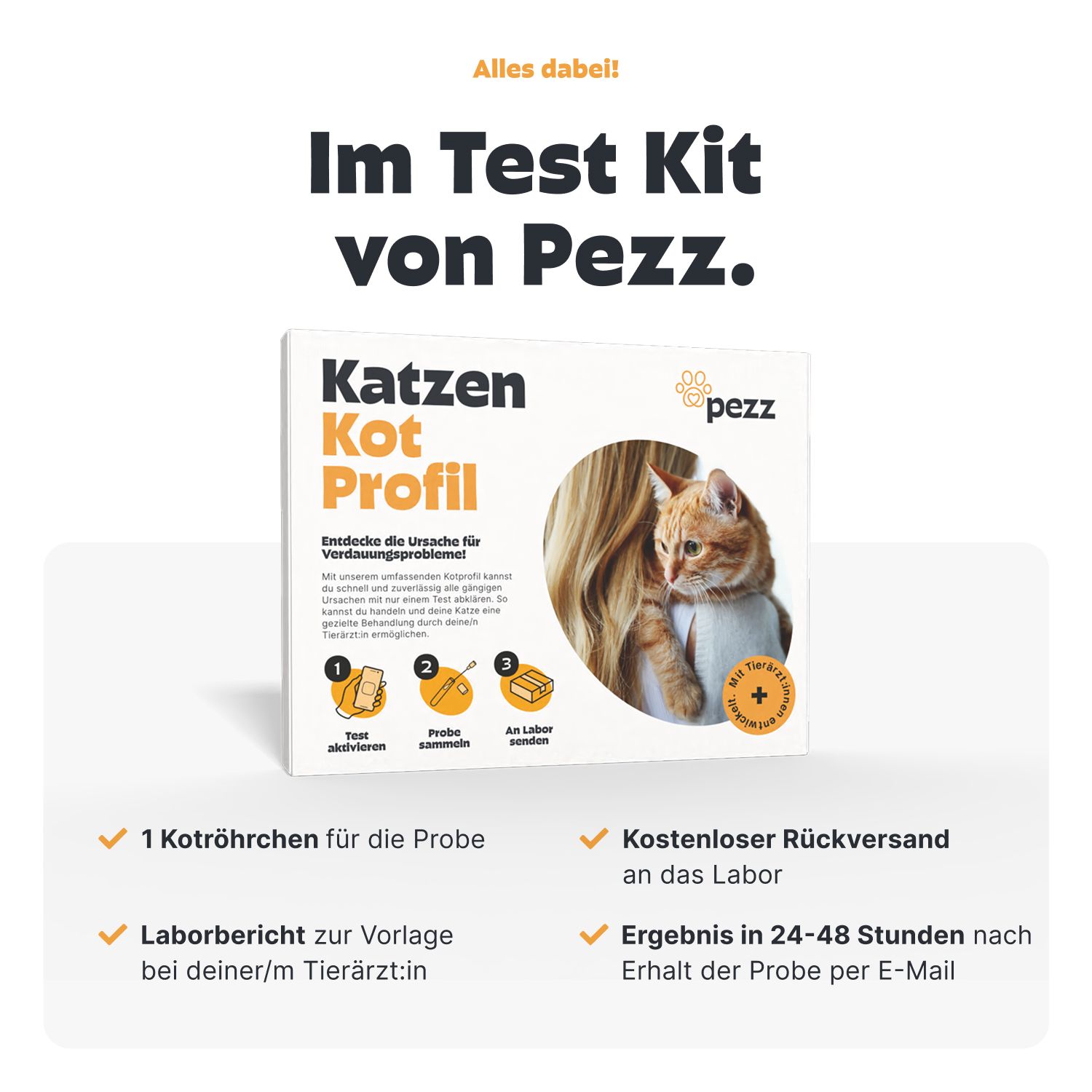 Pezz Kotprofil Test-Kit. Enthält: Kotröhrchen, kostenloser Rückversand, Laborbericht, Ergebnis per E-Mail.