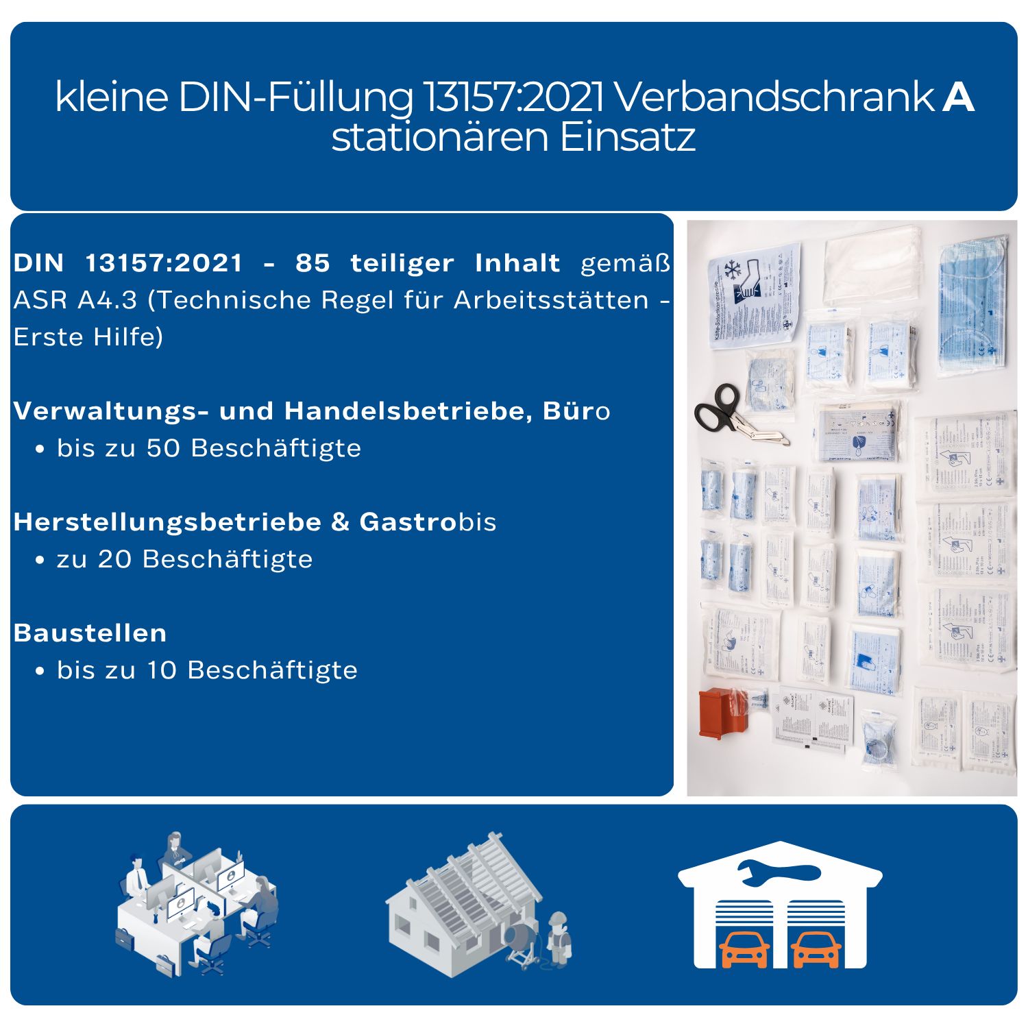 Text über DIN 13157:2021 Verbandschrank A. Inhalt für verschiedene Arbeitsumgebungen.