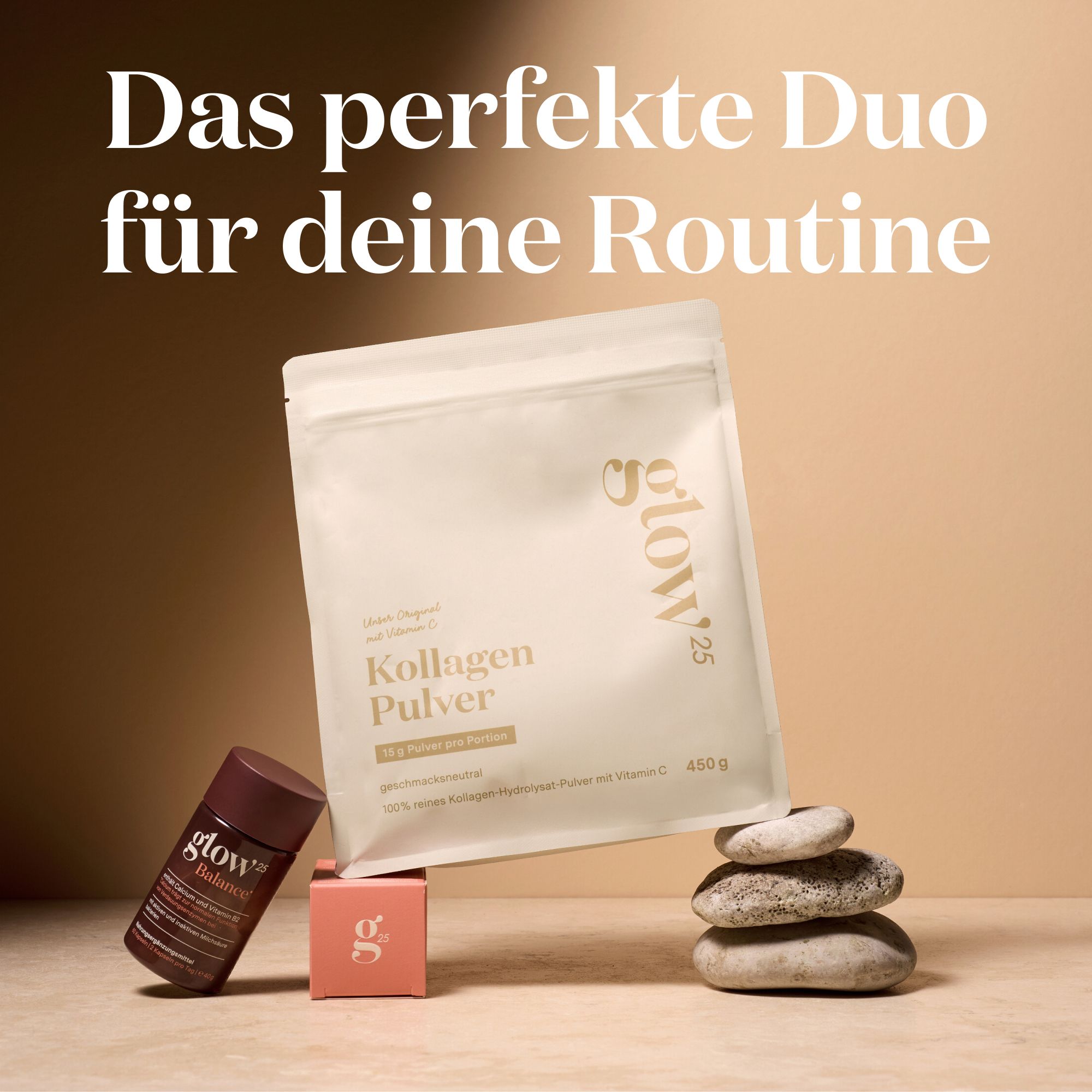 Beutel Glow25 Kollagen Pulver, Dose, kleiner Würfel. Text: Das perfekte Duo für deine Routine.
