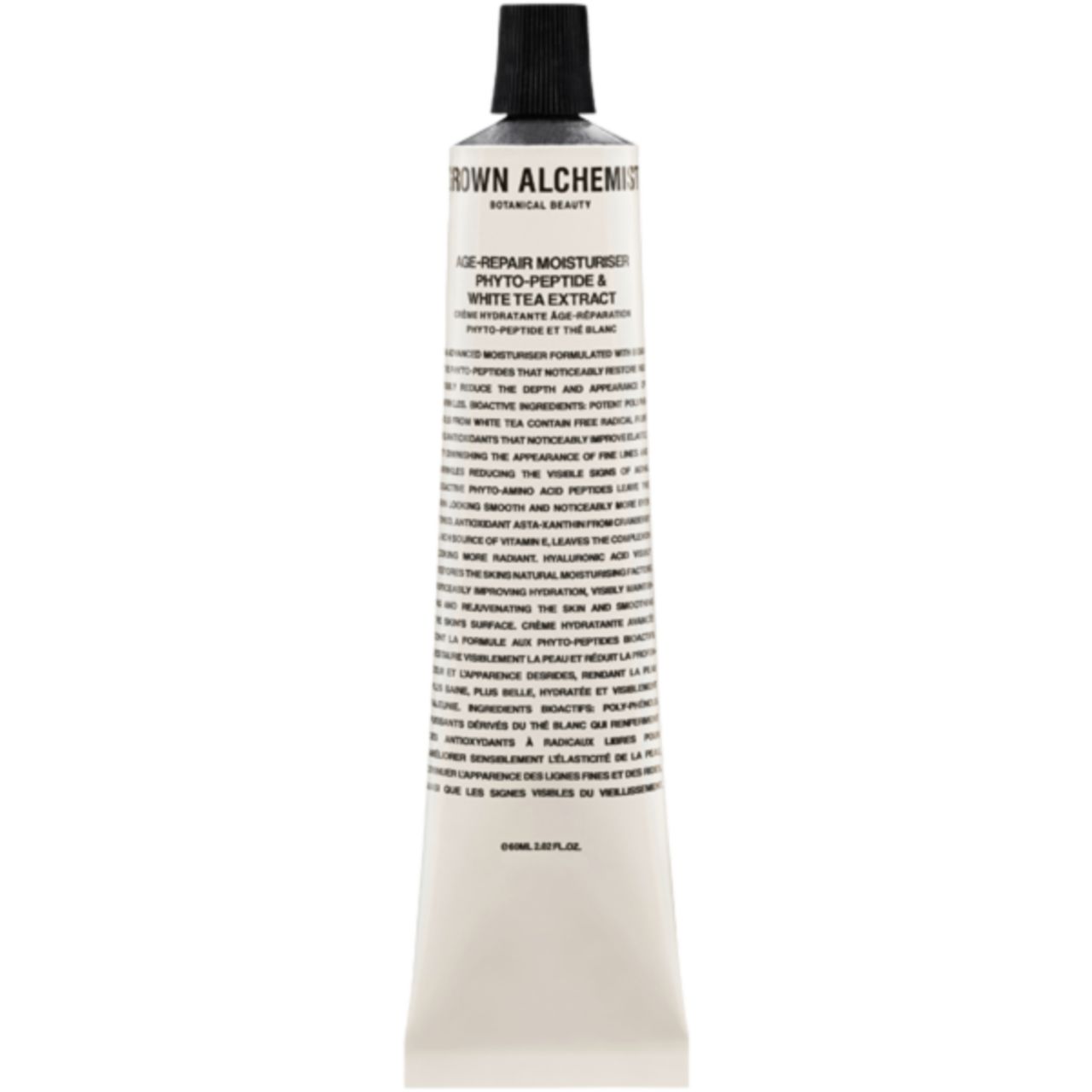 Creme-Tube mit schwarzem Deckel. Aufschrift: Grown Alchemist, Age-Repair Moisturiser.
