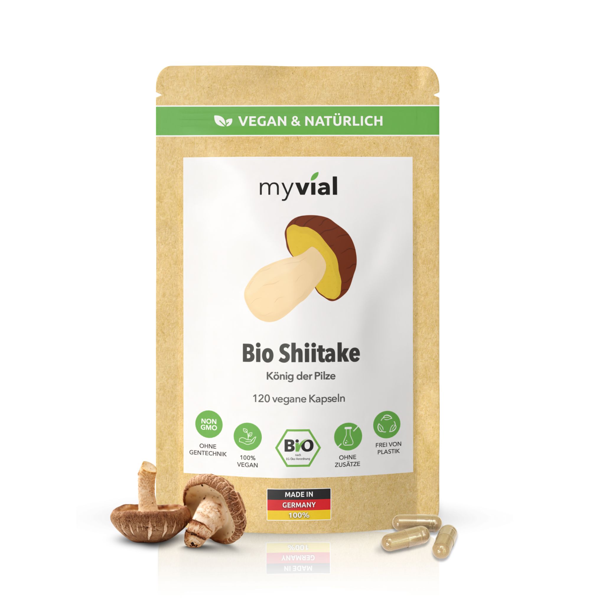 myvial® Bio Shiitake Kapseln - 120 Stück Pilzpulver aus Bio-Anbau vegan & laborgeprüft St
