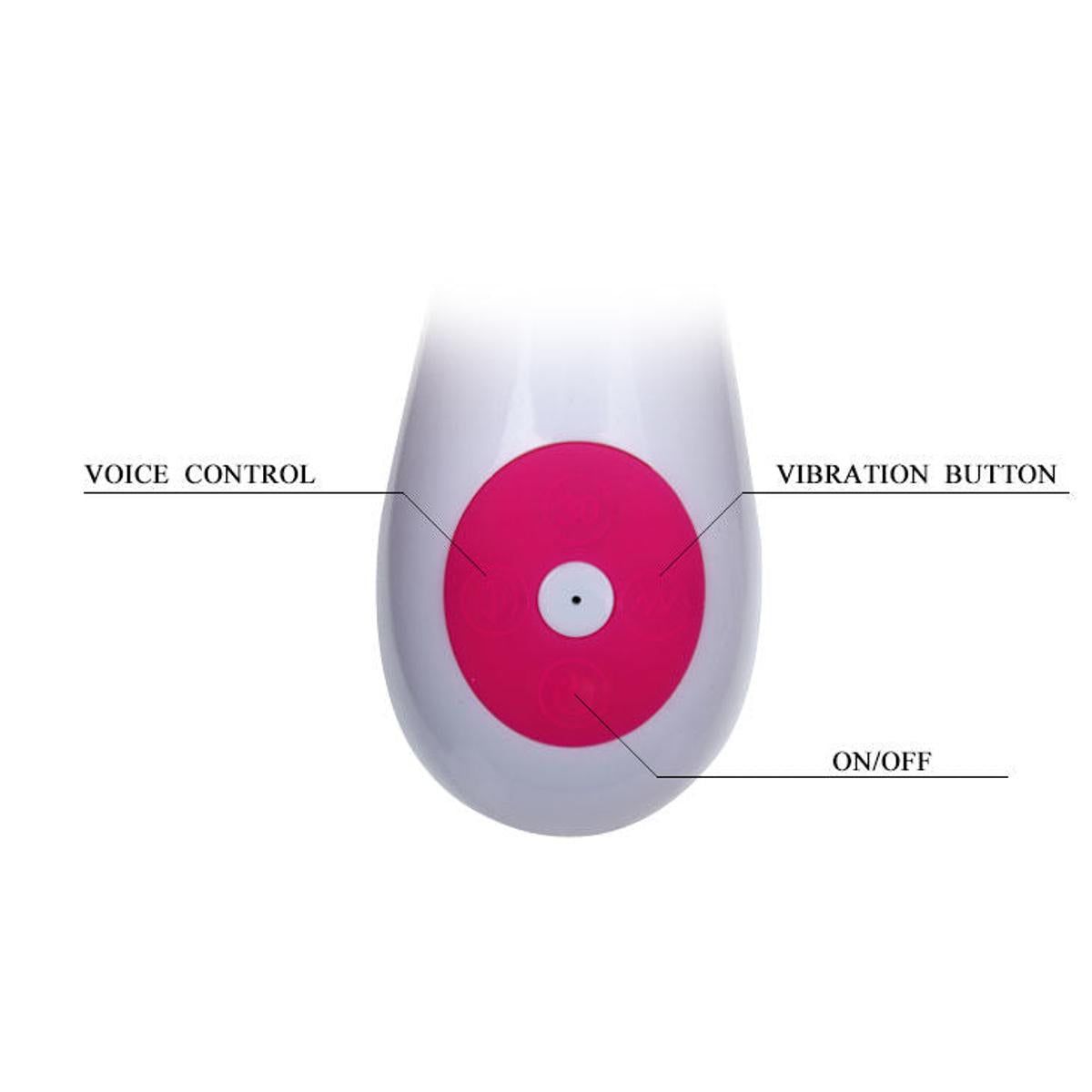 Nahaufnahme des Sockels eines rosa Vibrators. Zeigt einen Knopf und Beschriftungen: Voice Control, Vibration Button, ON/OFF.