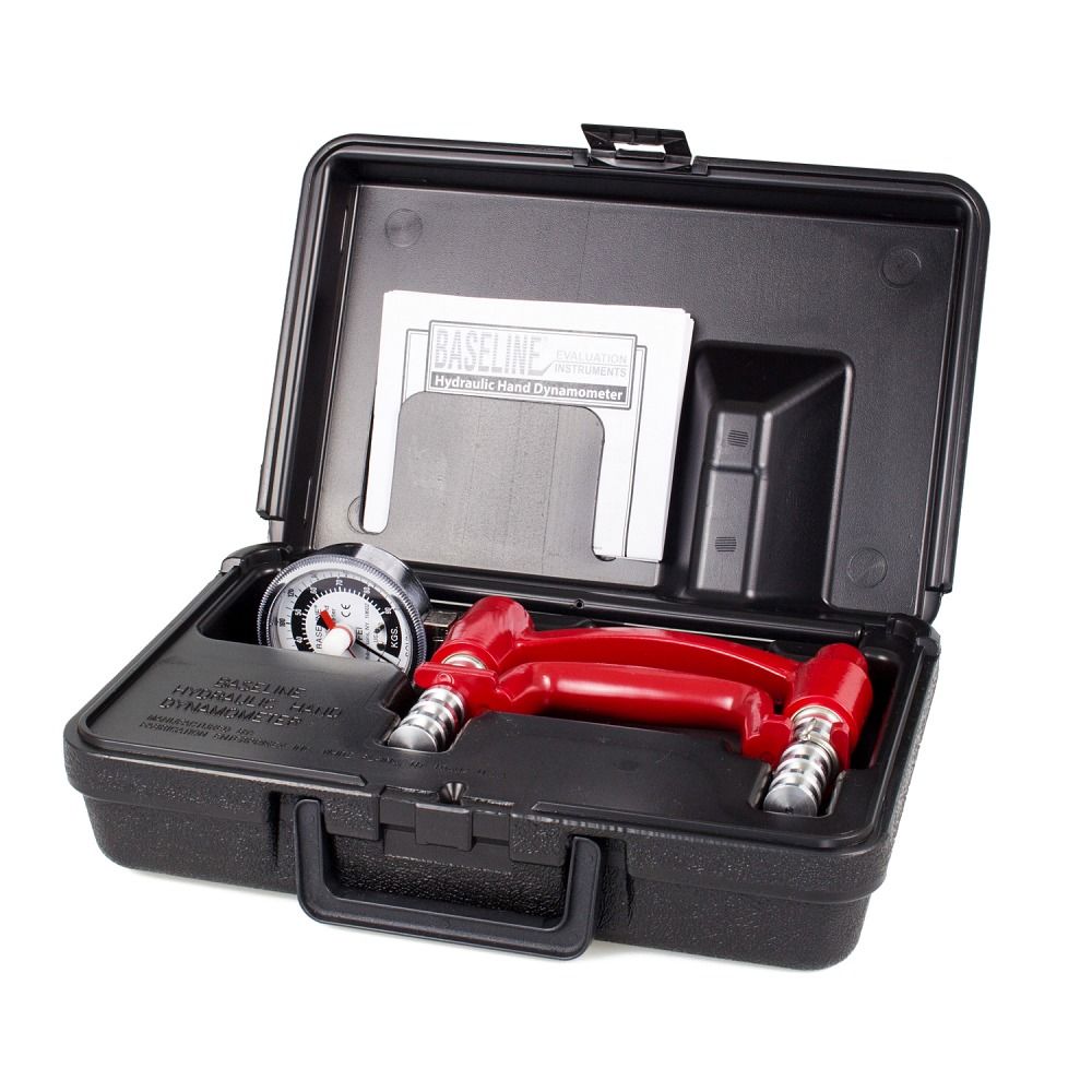 Schwarzer Koffer mit Handdynamometer und Zubehör. Rotes Handgerät mit Messanzeige. Bedienungsanleitung im Koffer.