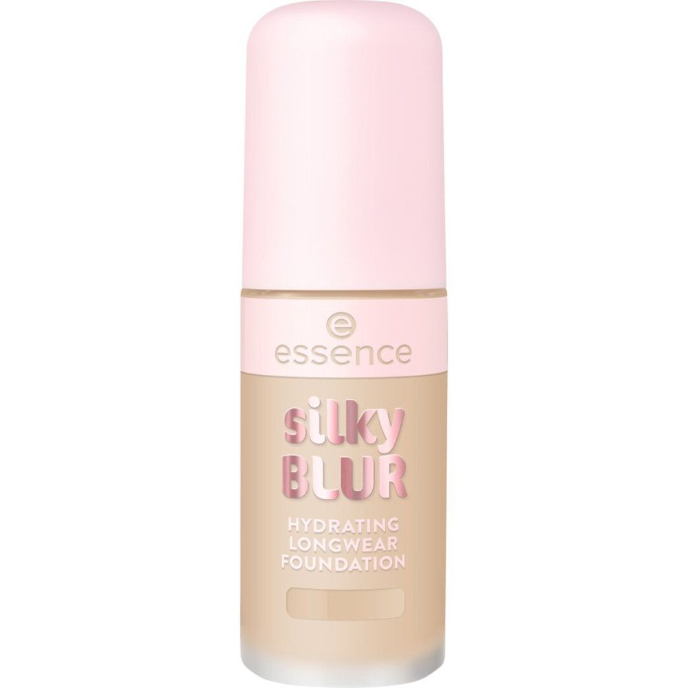 Foundation-Flakon mit rosa Deckel. Aufschrift: Essence, Silky Blur, Hydrating Longwear Foundation. Beige Farbton.