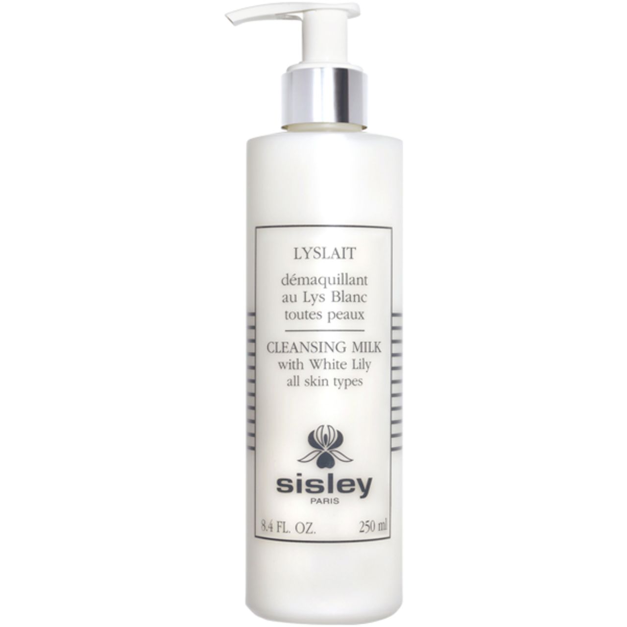Weißes Sisley Lyslait Cleansing Milk mit Pumpe. Text auf Etikett: Lyslait, au Lys Blanc, toutes peaux, Cleansing Milk.