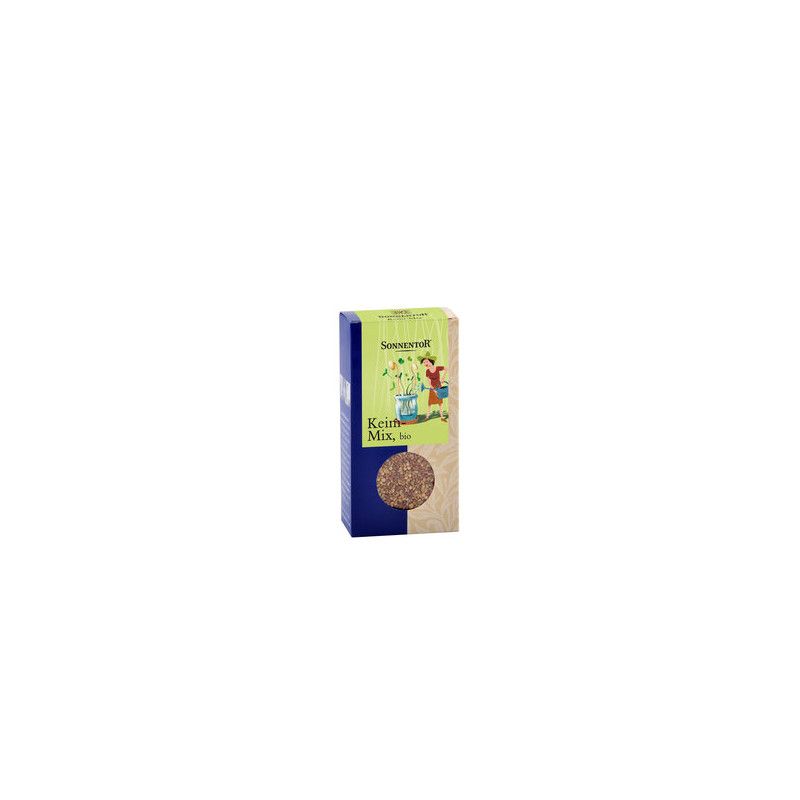 Kartonverpackung mit Aufschrift "Keim-Mix bio". Grün-blaues Design mit Illustrationen. Sichtbares Produkt in der unteren Hälfte.