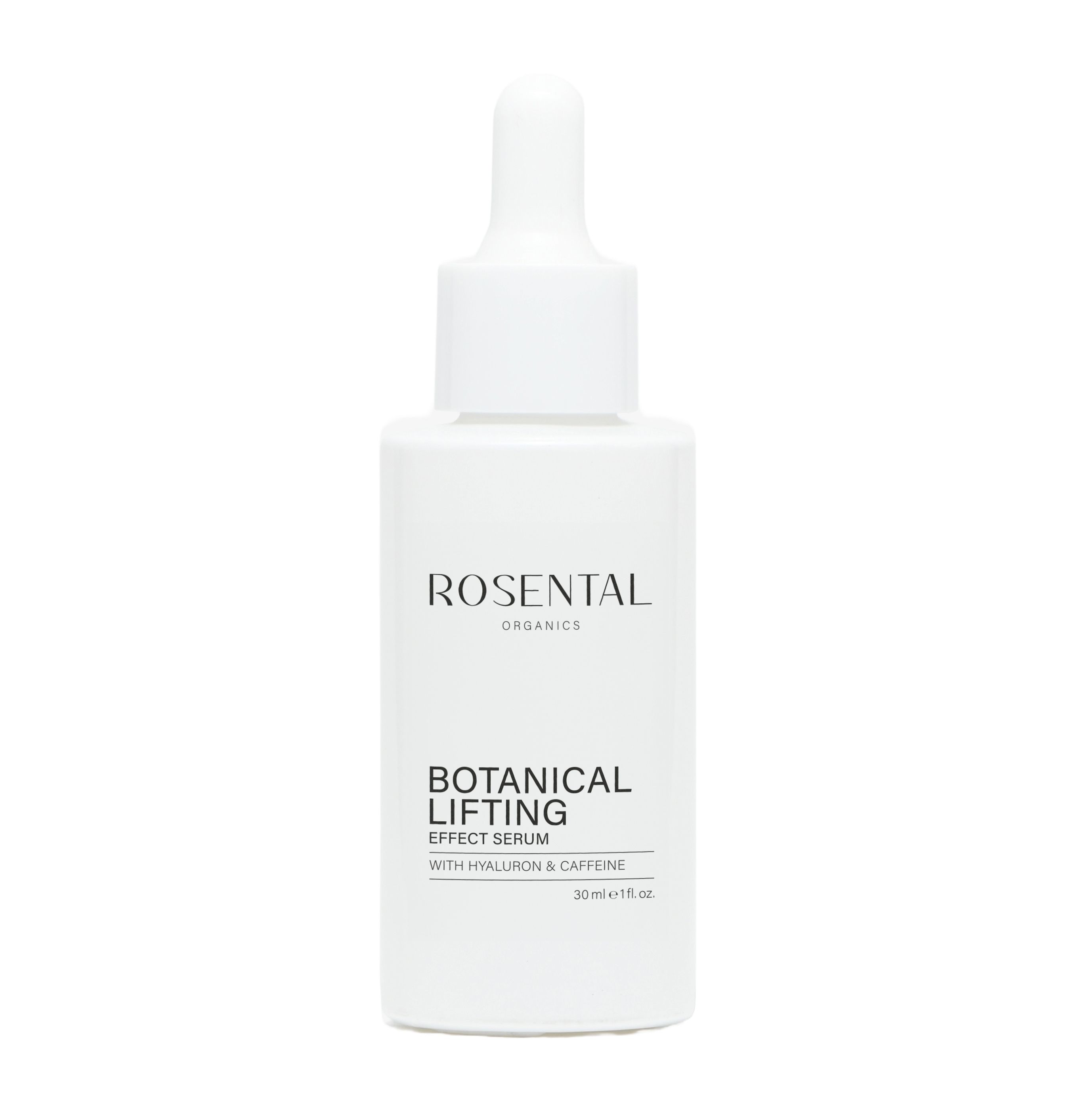 Weiße Serumflasche mit Pipette. Aufschrift: ROSENTAL ORGANICS, BOTANICAL LIFTING EFFECT SERUM. Mit Hyaluron & Koffein. 30ml 1 fl.oz.