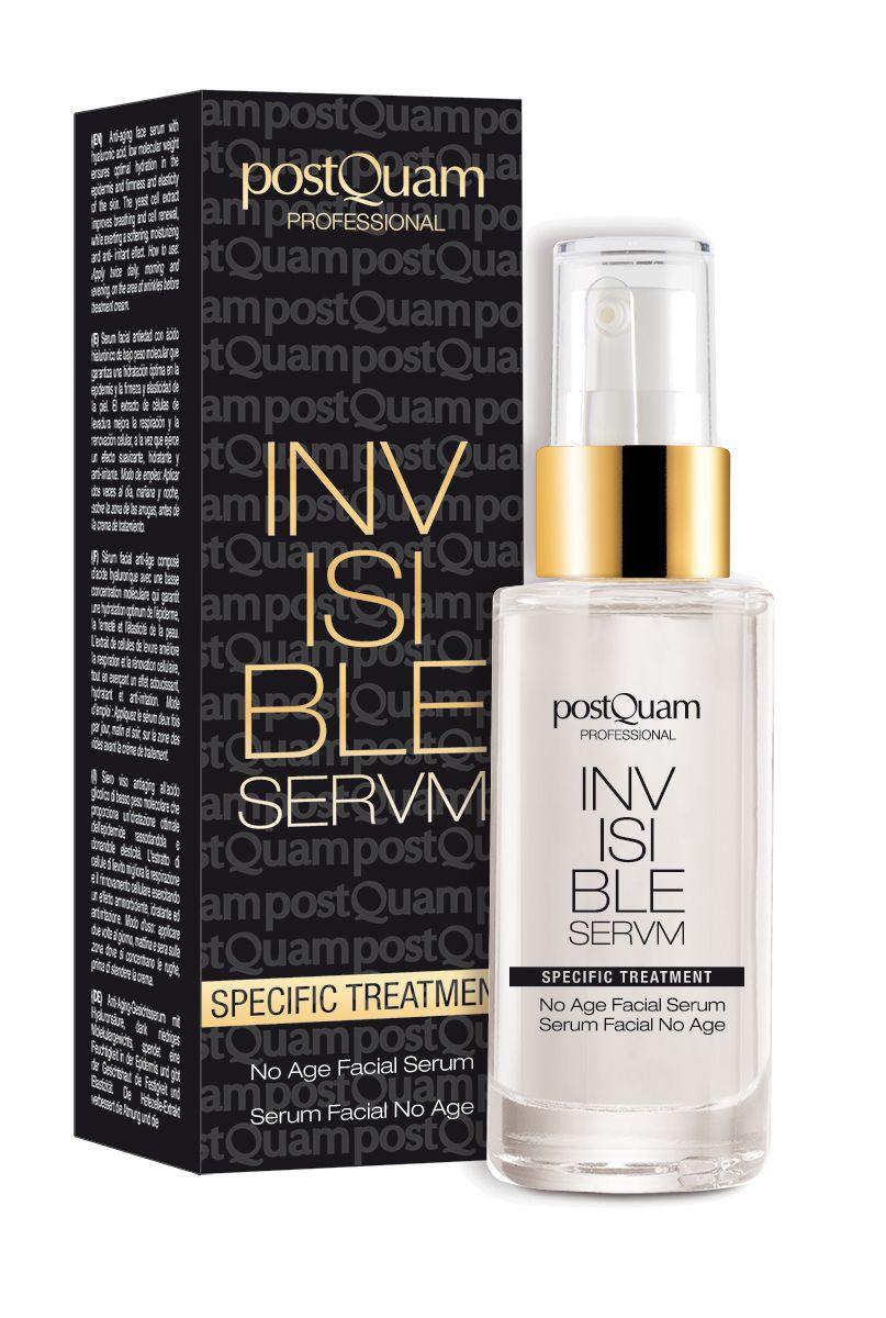 Postquam Invisible Gesichtsserum. Flasche mit Sprühkopf und Verpackung. Schwarze Verpackung mit Text. Produktname und Logo sichtbar.