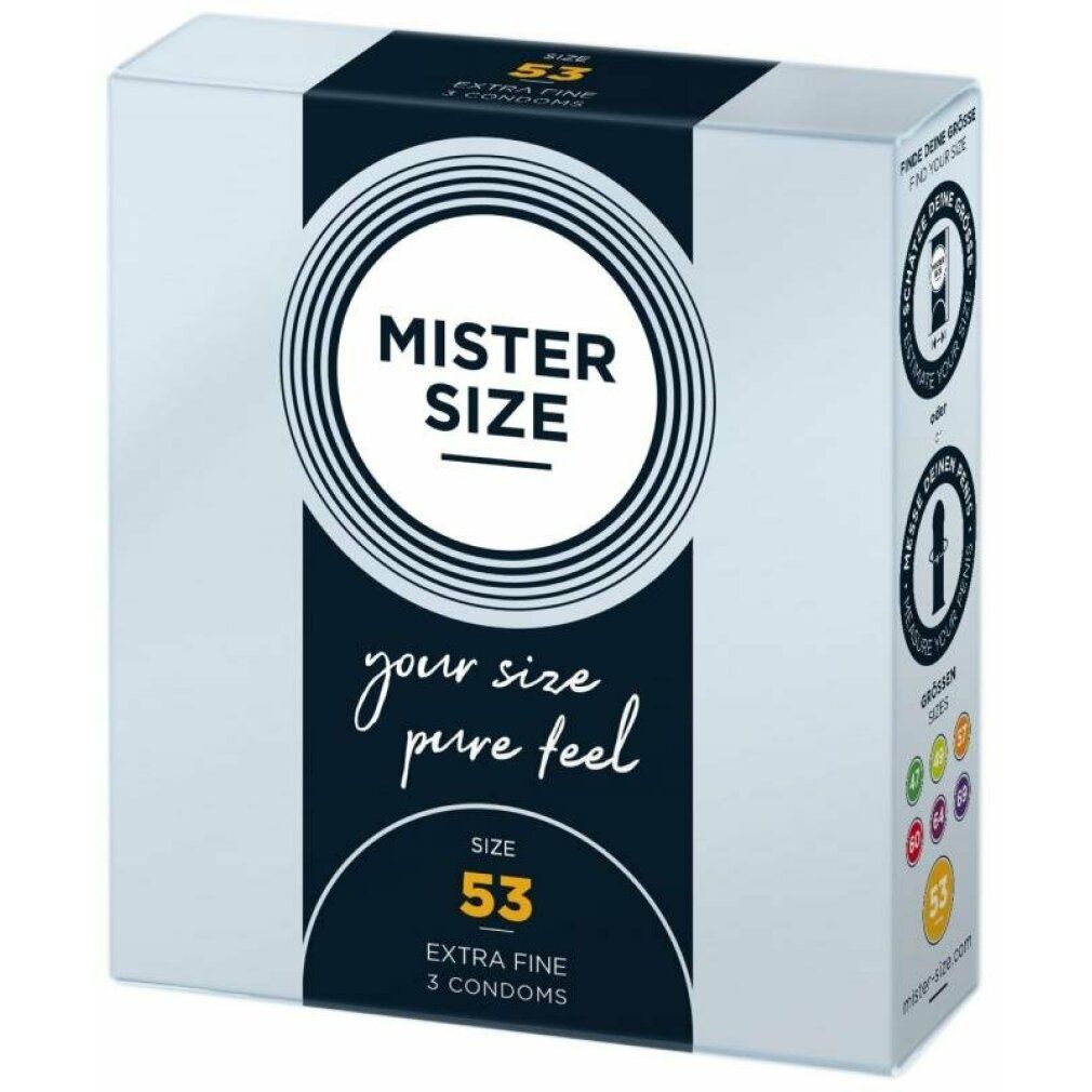 MISTER SIZE Kondomverpackung. Hellblau mit blauem Streifen. Text: MISTER SIZE, your size pure feel, 53, Extra Fine, 3 Kondome.