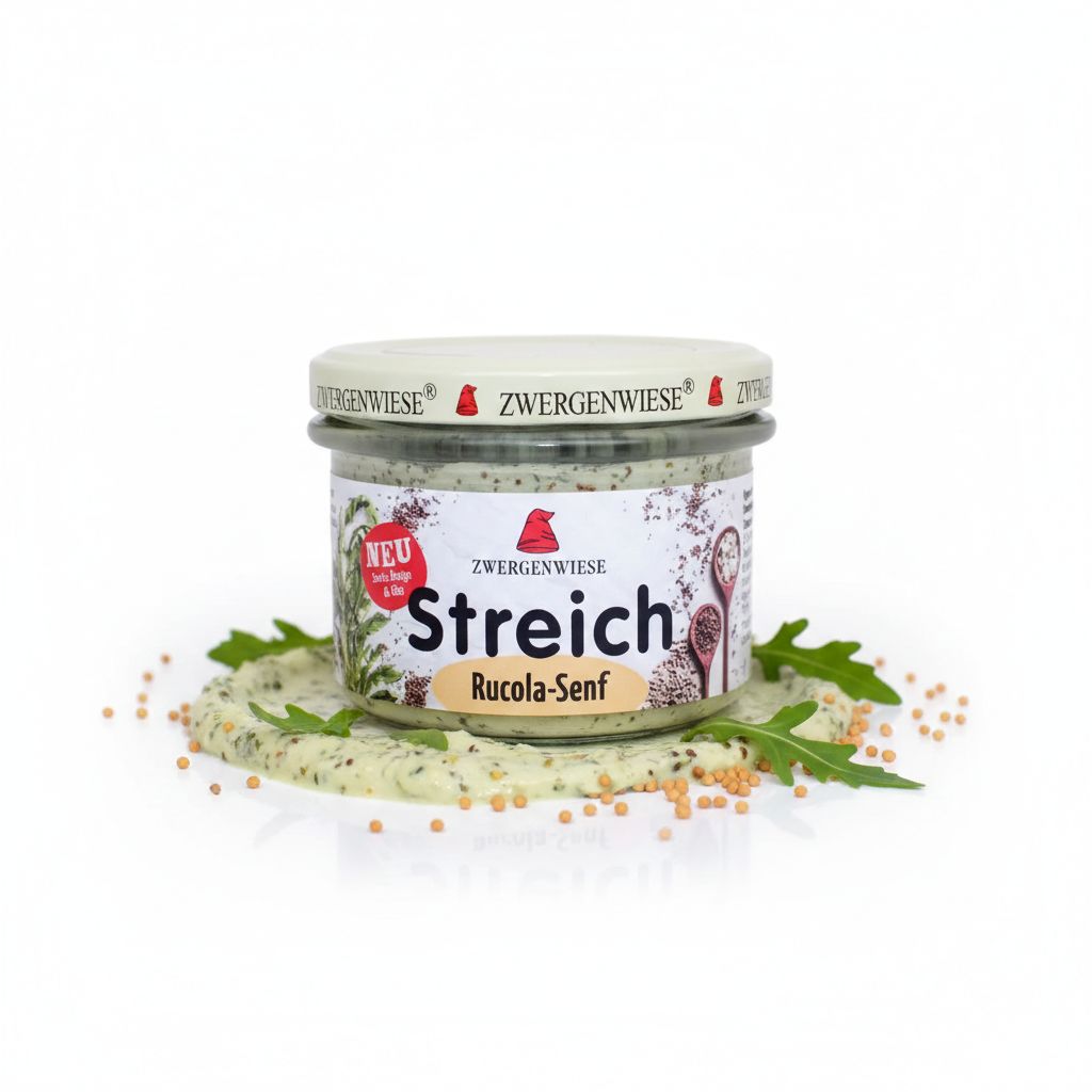 Zwergenwiese Streich Rucola-Senf auf einem Teller mit Rucola und Senfkörnern.