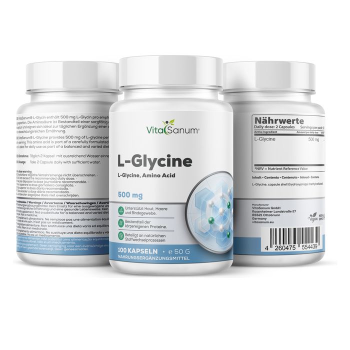 VitaSanum L-Glycin 500 mg Kapseln. Drei Behälter, einer vorne, zwei hinten, mit detaillierten Produktinformationen.
