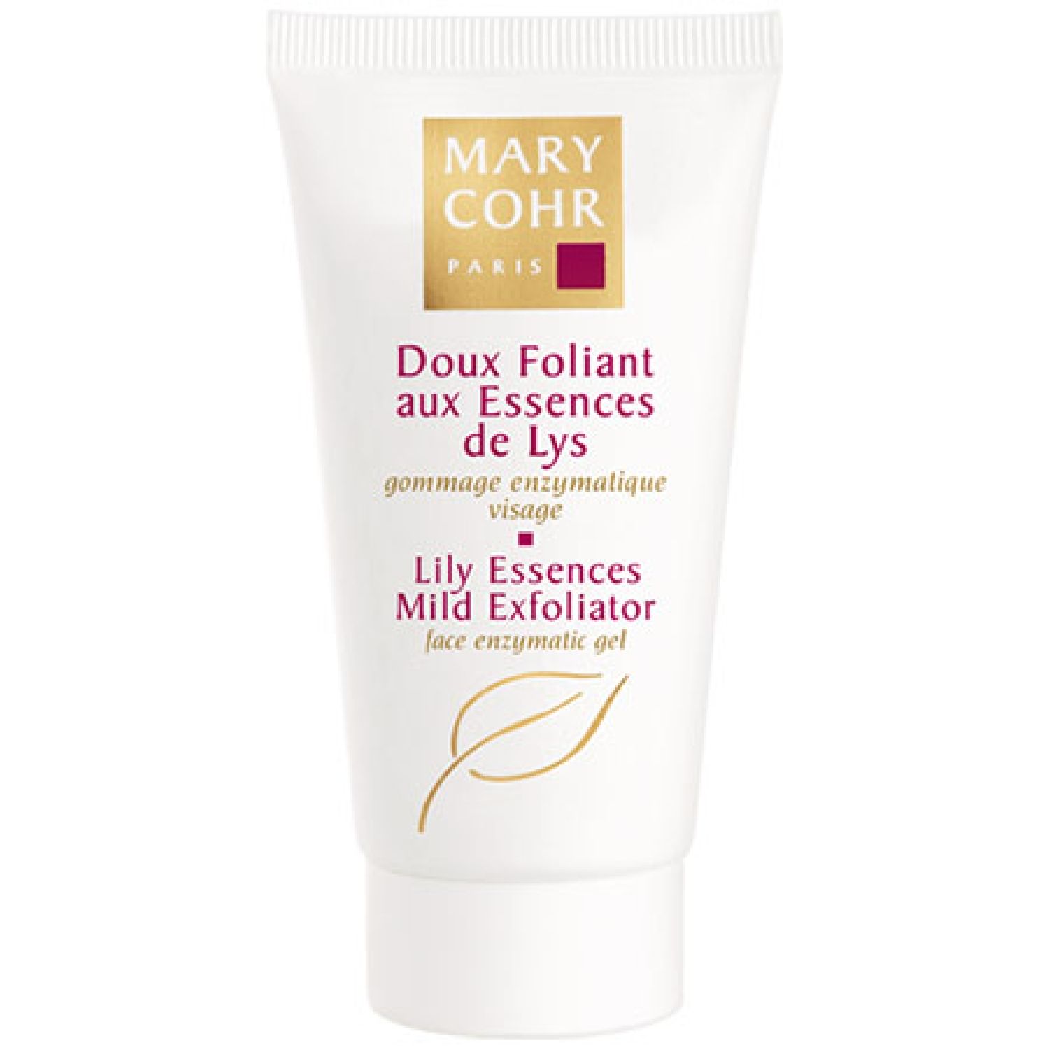 Weiße Tube mit Produkttext. Oben Logo von Mary Cohr Paris. Aufschrift: Doux Foliant aux Essences de Lys, Lily Essences Mild Exfoliator.