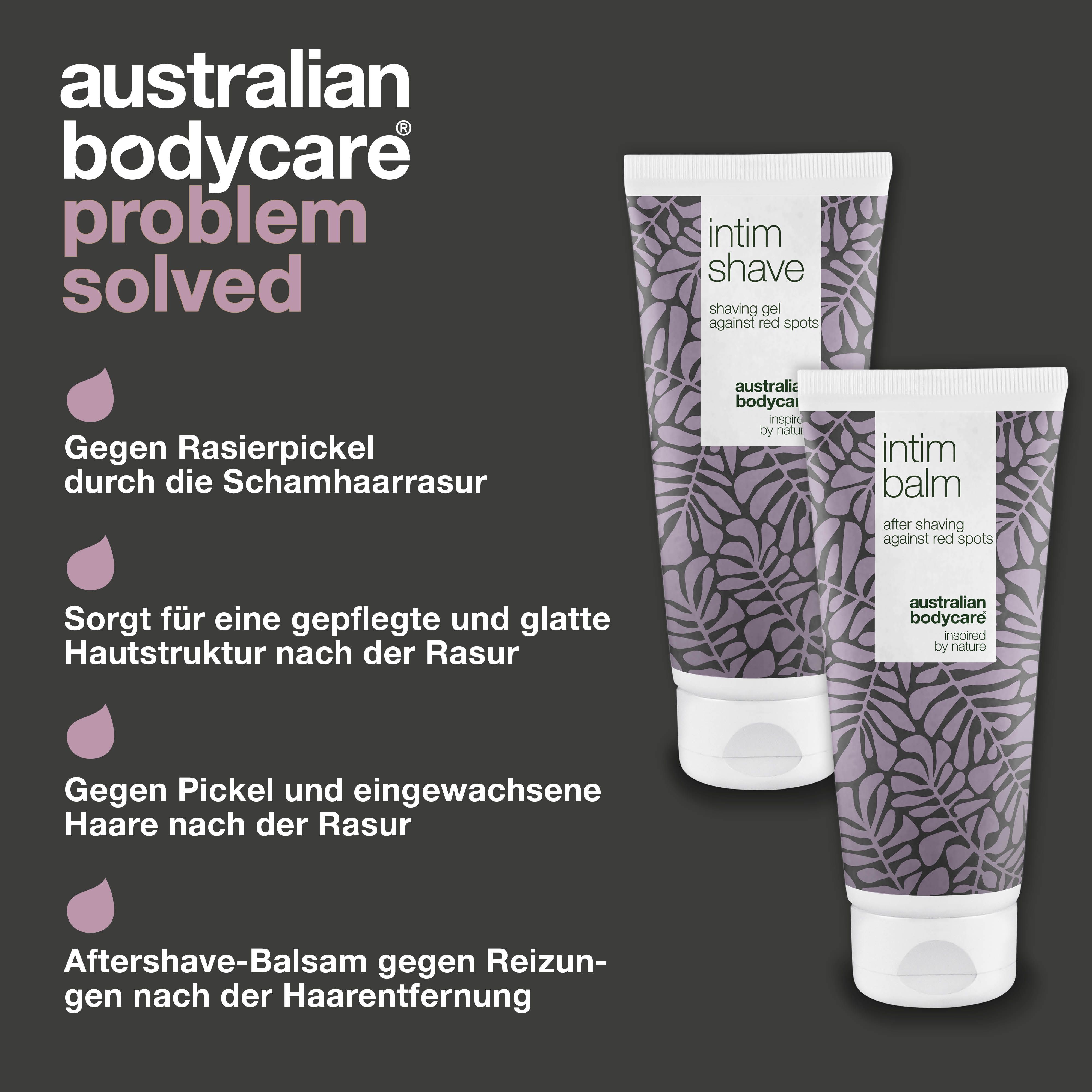 Problem gelöst: Intim Shave und Intim Balm. Text: Australian Bodycare. Lila Muster. Vorteile.