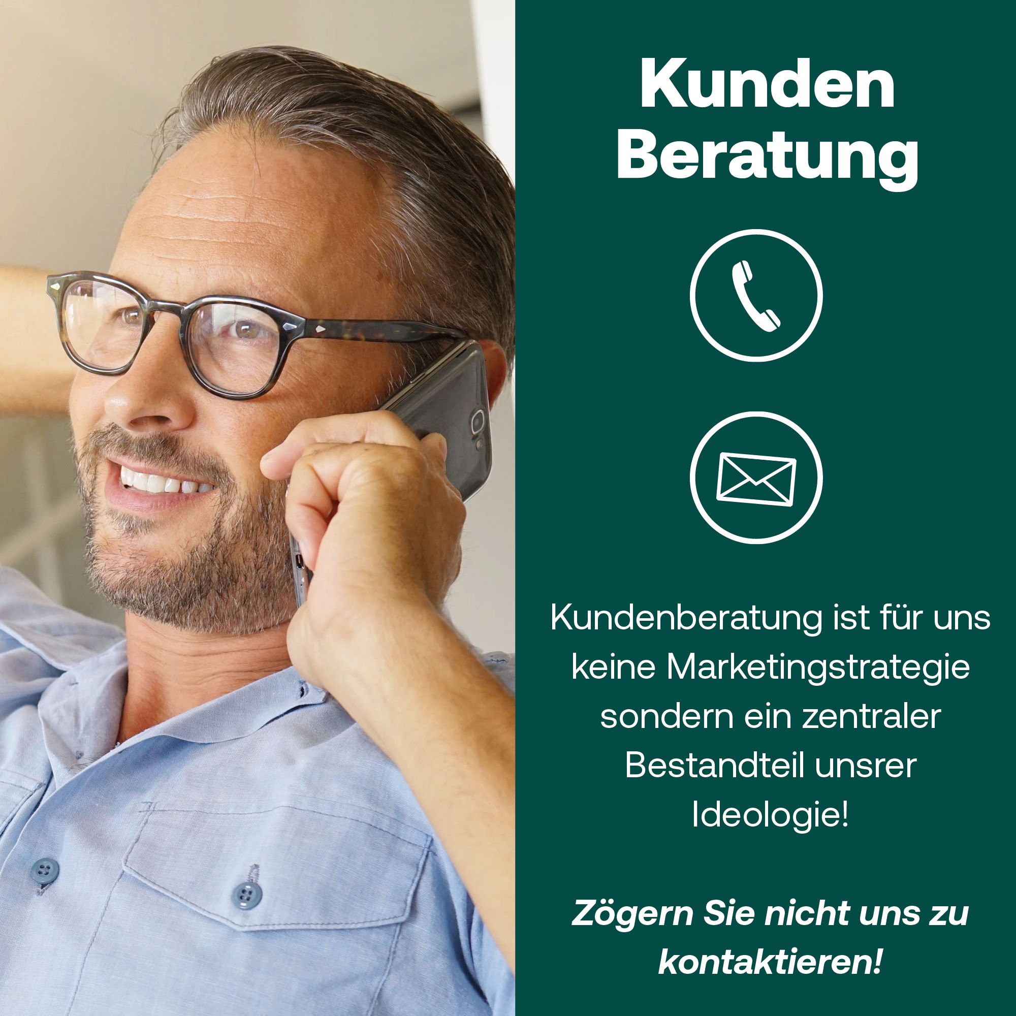 Ein Mann telefoniert. Daneben Text: Kundenberatung. Telefon- und E-Mail-Symbol.