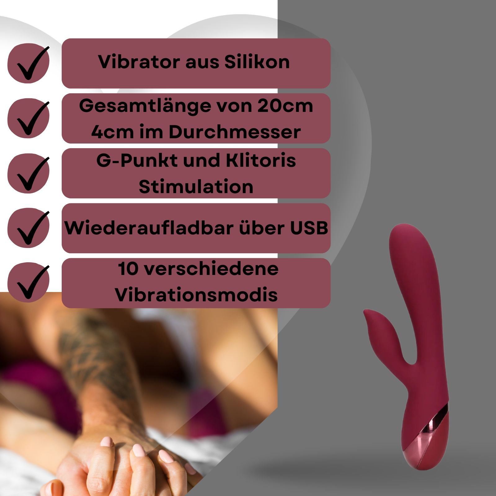 Weinroter Silikon-Vibrator. Text mit Informationen: Länge, Durchmesser, Funktionen, Aufladung.