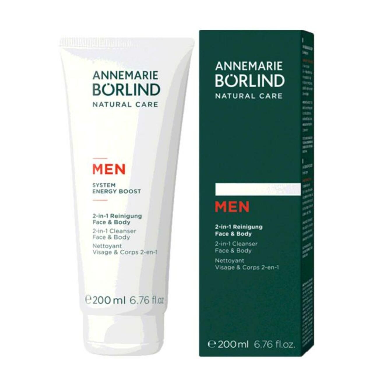 Weiße Tube mit "ANNEMARIE BÖRLIND MEN 2-in-1 Reinigung Face & Body". Rote Schrift. 200 ml.