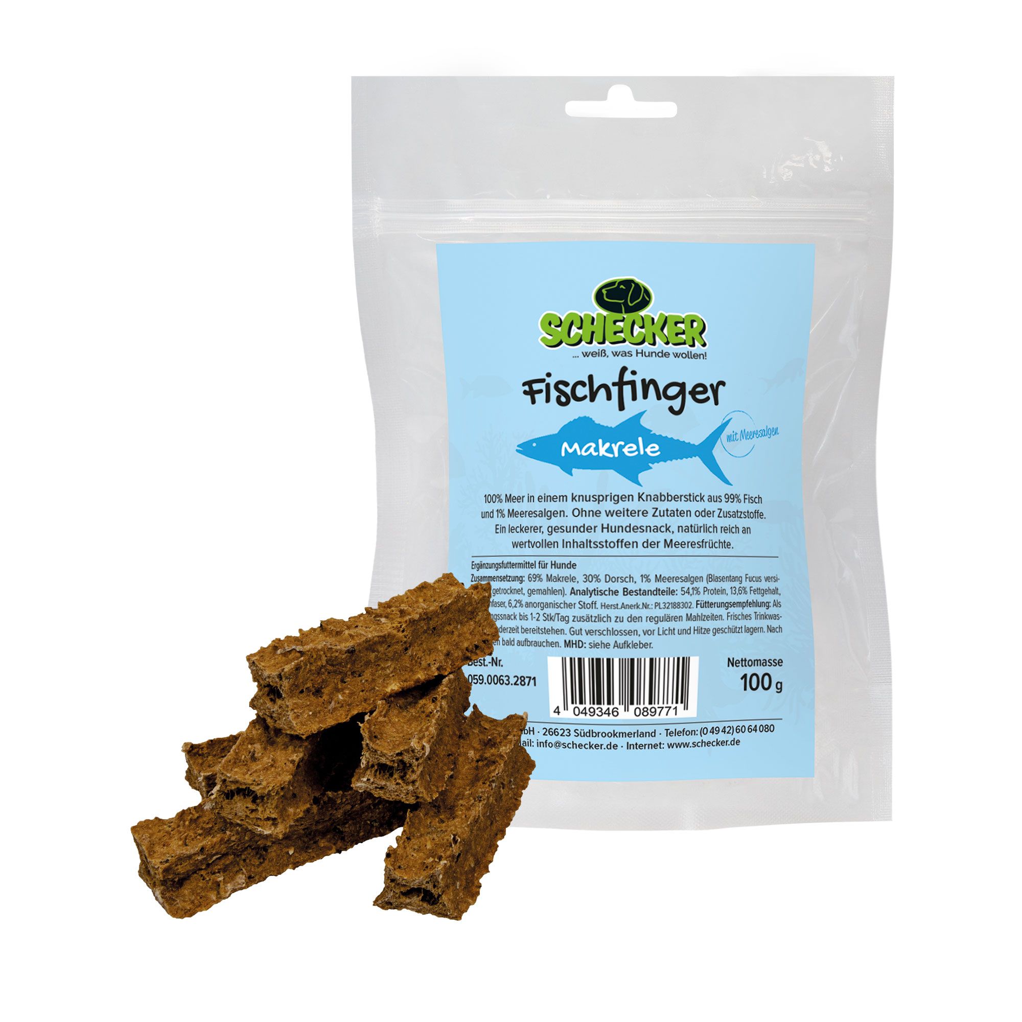 Schecker Fischfinger Makrele in Beutel. Knusprige Fisch-Snacks. Blaue Produktetikett mit Text und Logo. 100g Packung.