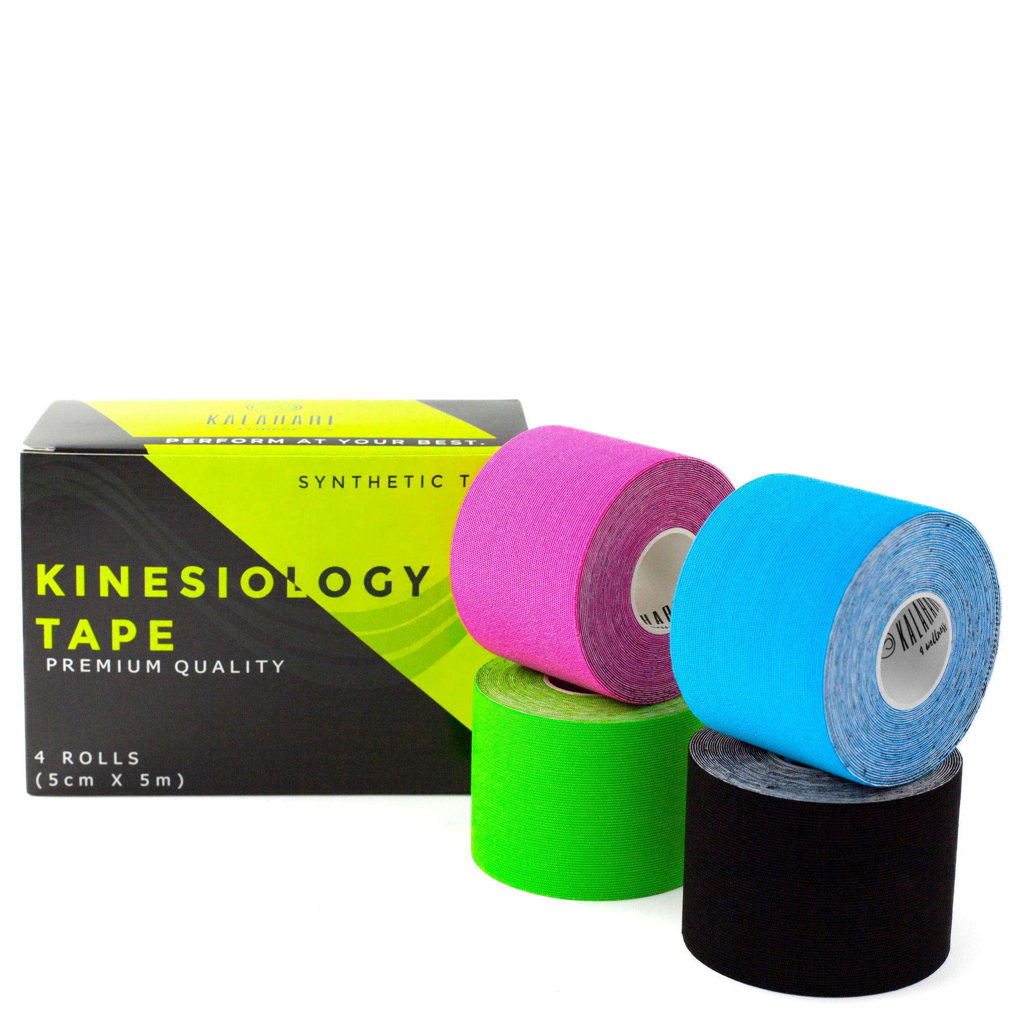 Verpackung und vier Rollen Kinesiologie-Tape: Pink, Blau, Grün, Schwarz.